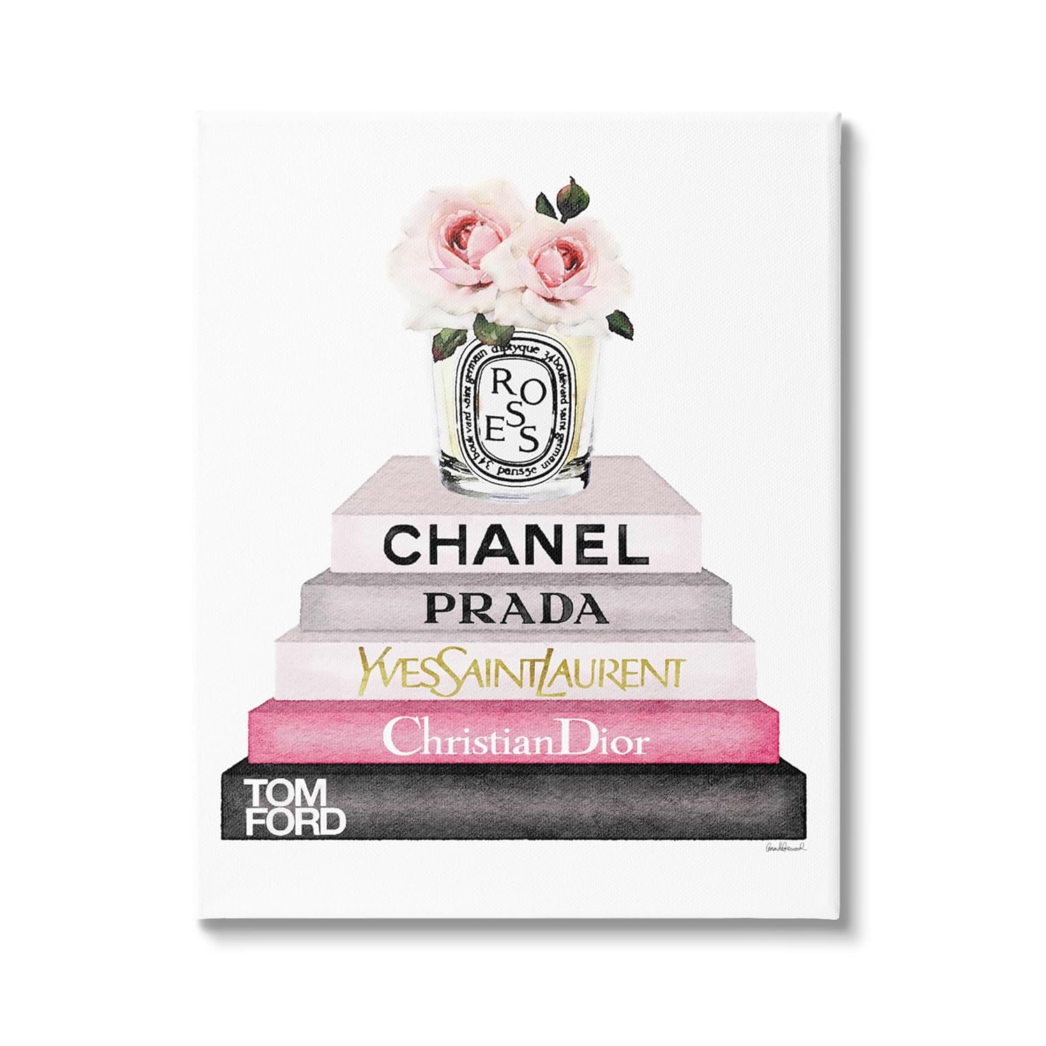 Stupell Book Stack Fashion Candle Pink Rose Canvas Art, 24 x 1.5 x 30