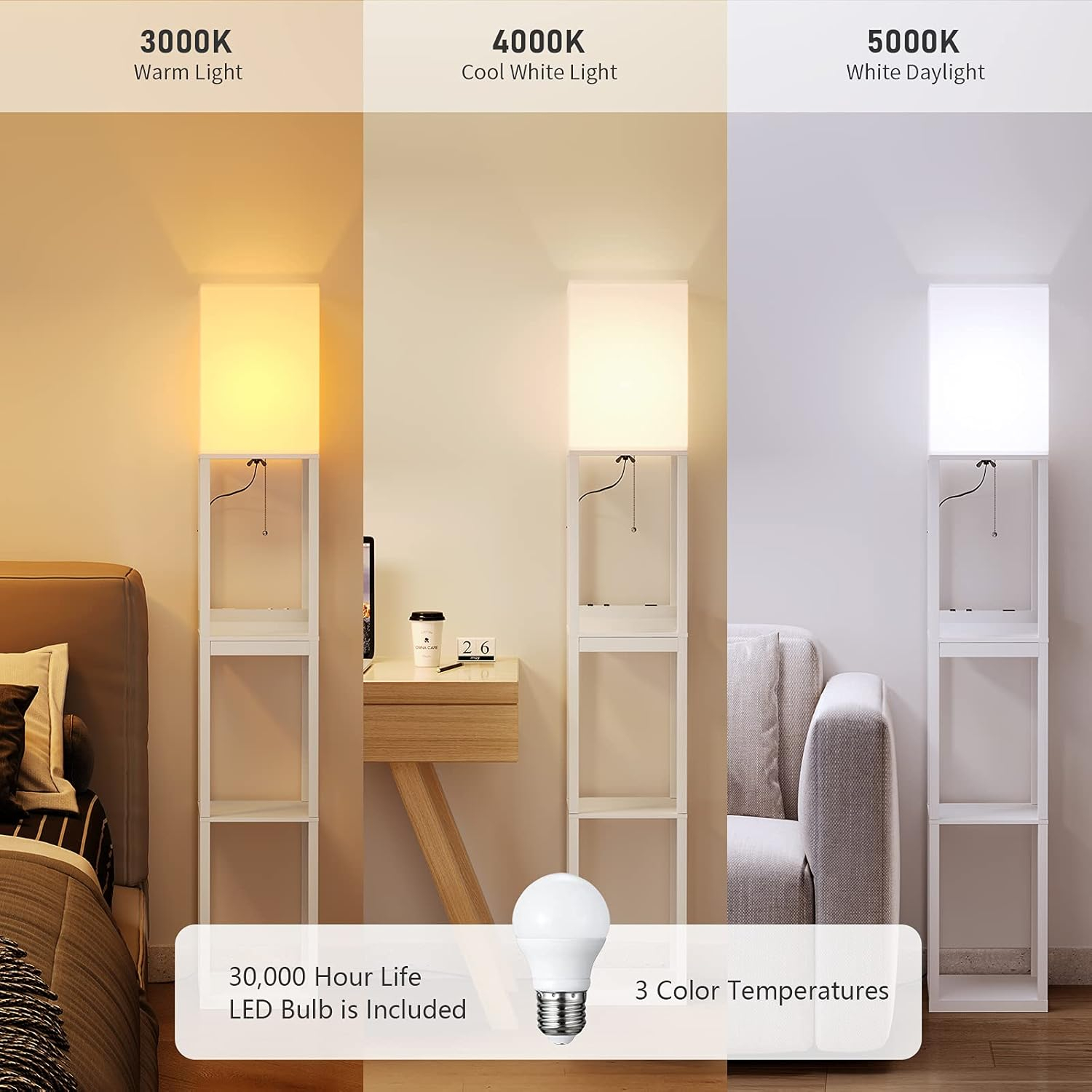 SUNMORY Floor Lamp with Shelves, Modern Dimmable Solid Wood Standing Lamp with 1 Drawer & 2 USB Ports & 2 Power Outlet, 3 Color Temperatures LED Bulb, Corner Tall Bookshelf Lamp for Living Room