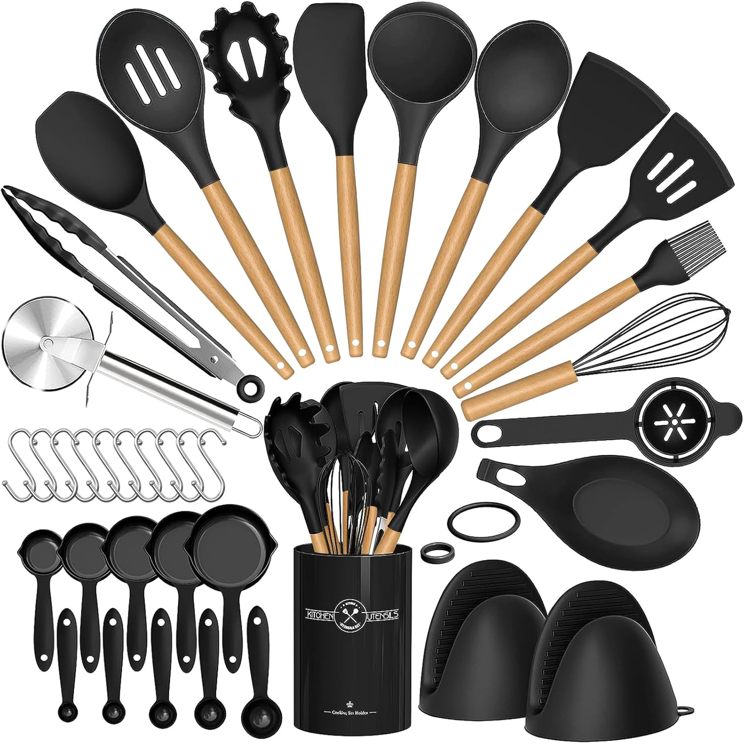 Silicone Kitchen Cooking Utensils Sets with Holder,Nonstick Heat Resistant,Wooden Handle,Black