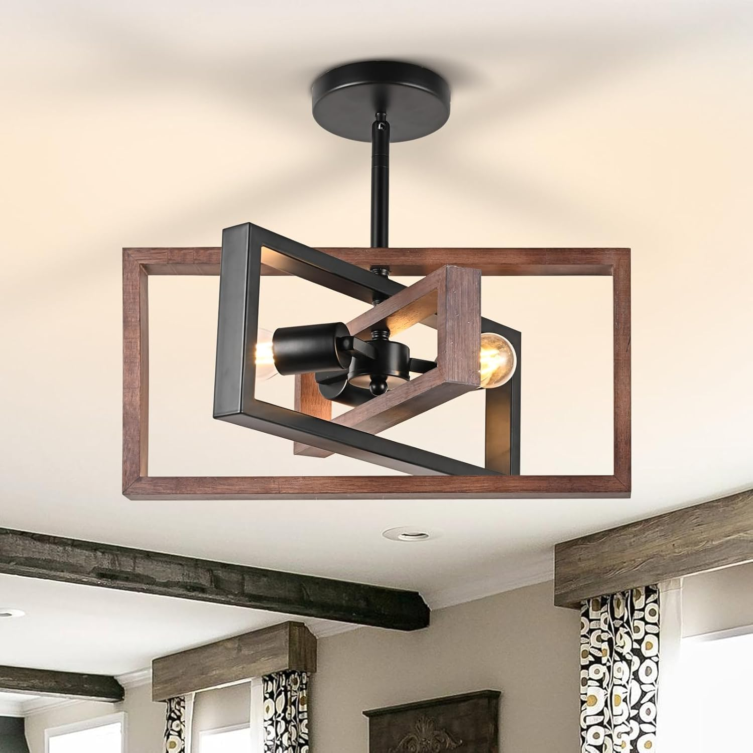 3-Light Black Ceiling Light Fixture for Dining Room Foyer Modern Farmhouse Lighting Fixtures Semi Flush Mount Rectangle Metal Ceiling Light for Bedroom Kitchen Island Entryway 15.74''