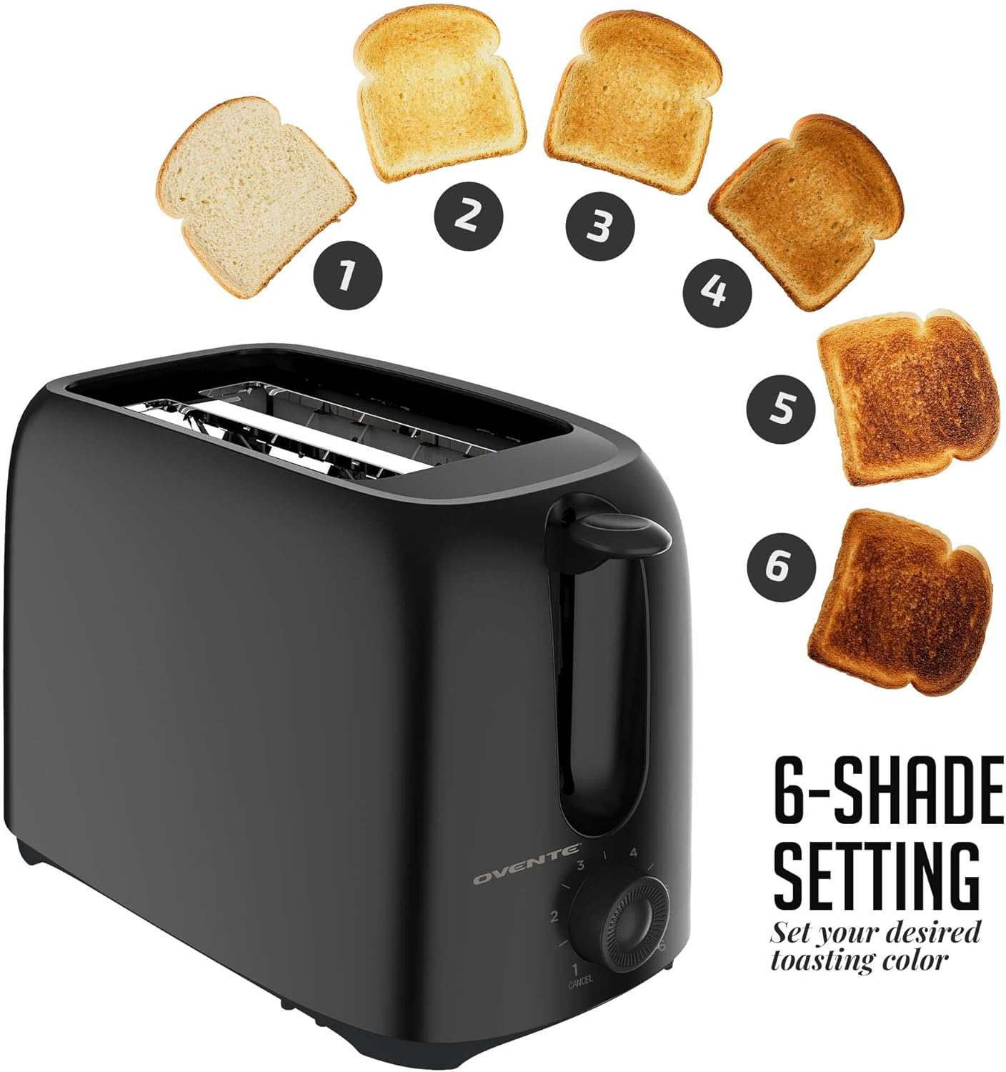 OVENTE Electric 2 Slice Toaster, 6 Shade Toast Settings, Removable Crumb Tray, Black TP2210B