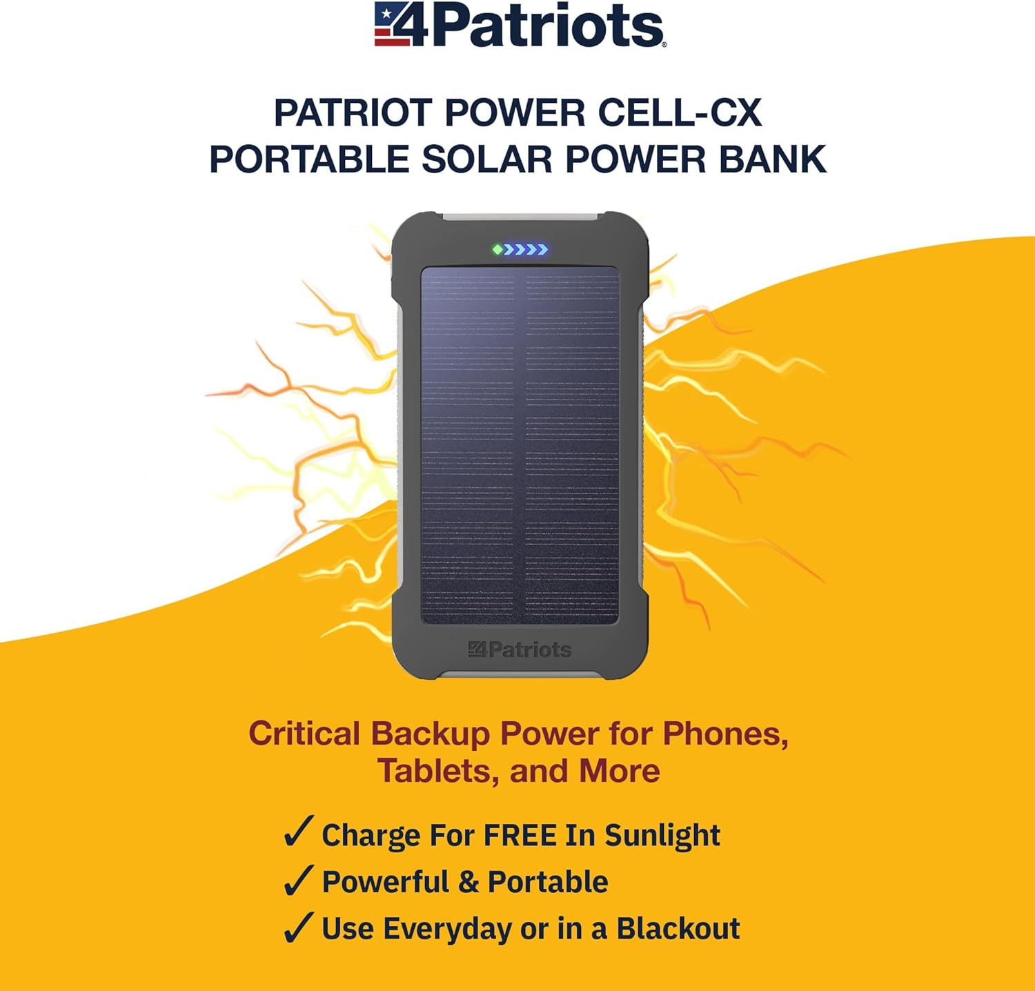 4Patriots 4-Pack Patriot Power Cell Bundle: Portable Solar Power, Rechargeable Battery 2 USB Ports, 8,000 mAh Lithium Polymer Battery, LED Flashlight & IP67 Water Resistant for Hiking or Emergencies