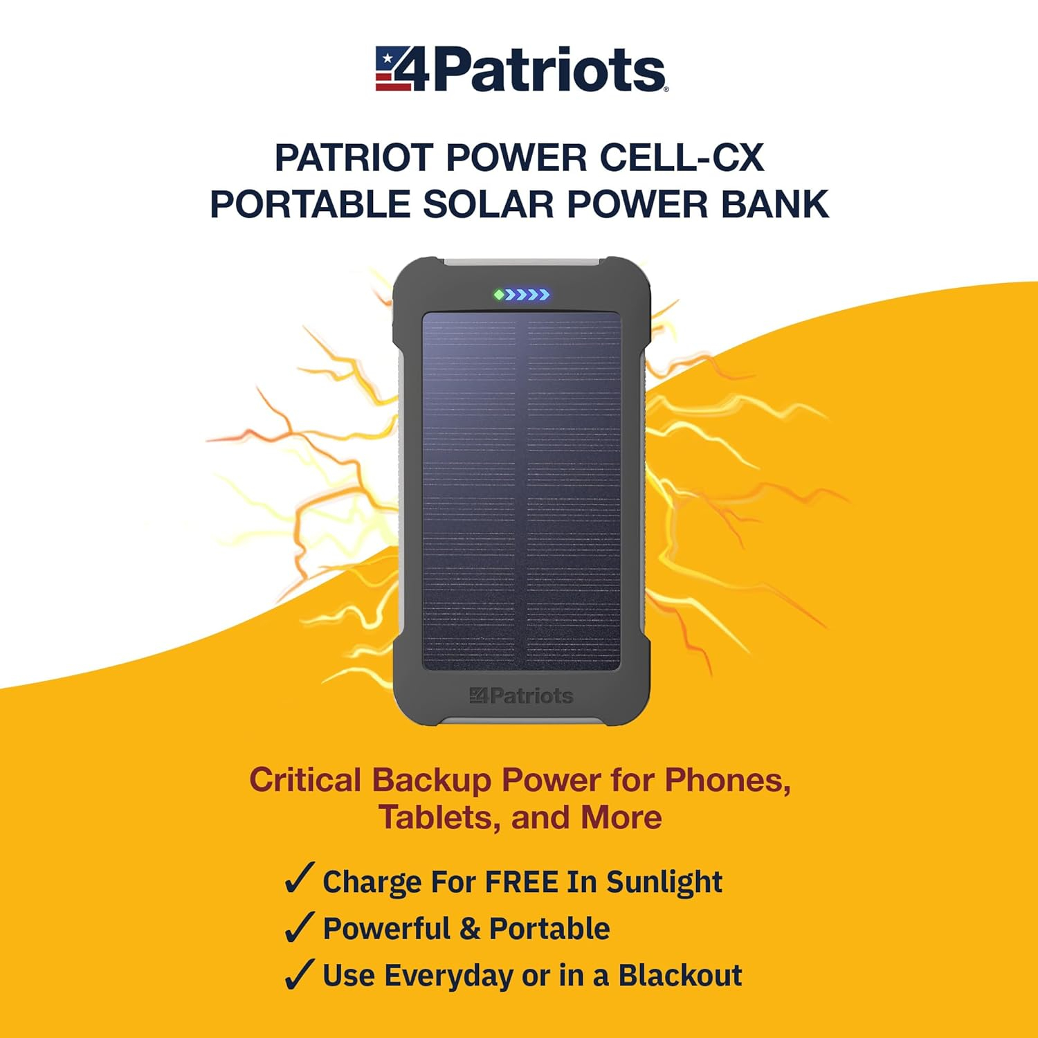 4Patriots 4-Pack Patriot Power Cell Bundle: Portable Solar Power, Rechargeable Battery 2 USB Ports, 8,000 mAh Lithium Polymer Battery, LED Flashlight & IP67 Water Resistant for Hiking or Emergencies