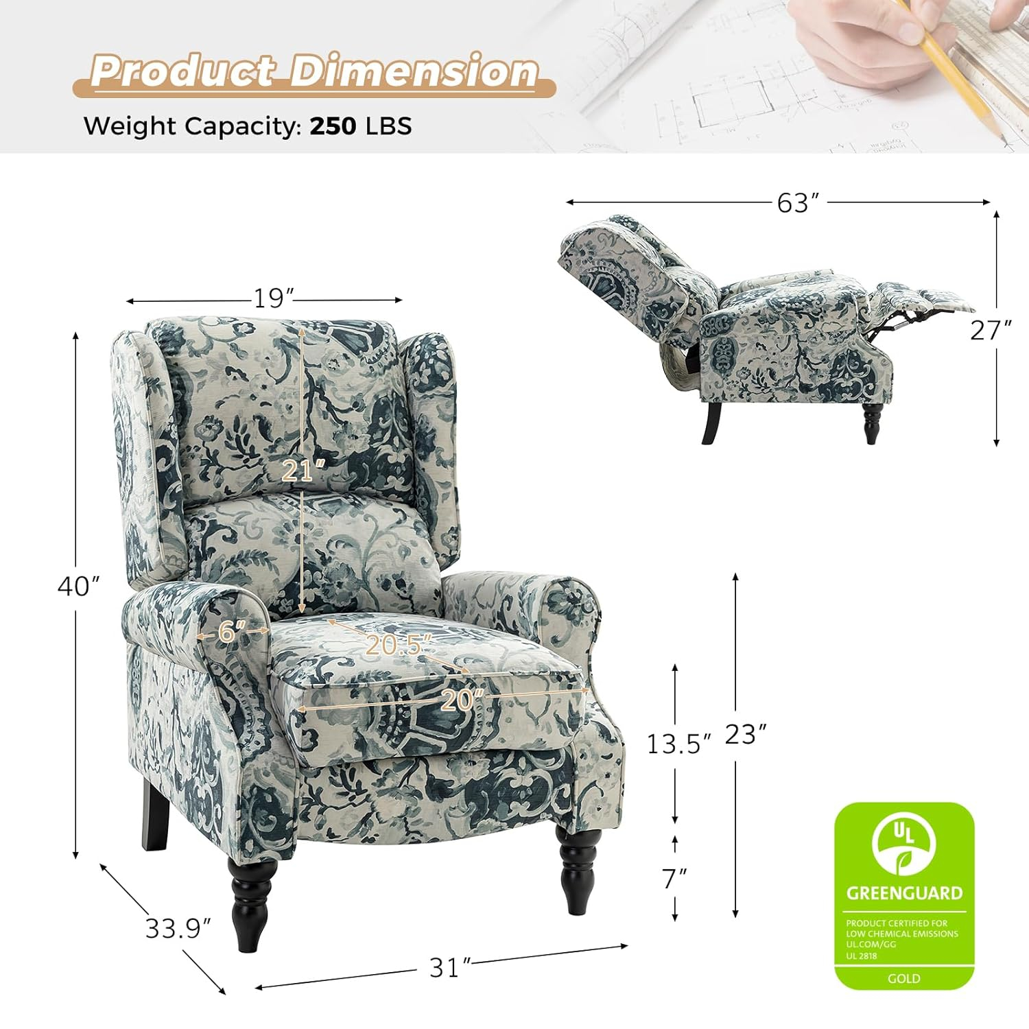 Floral Blue and White Upholstered Wingback Recliner with Rubber Wood Legs