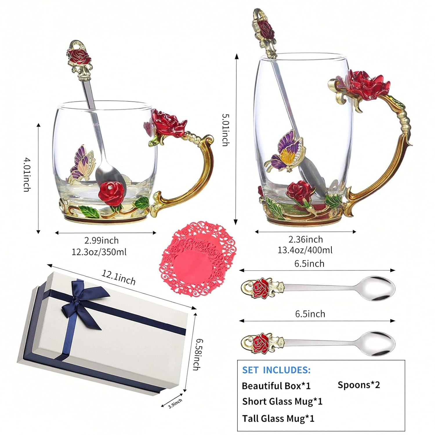 Glass Fancy Tea Cup Set Birthday Christmas Valentine's Day Gift Idea for Tea Lover and Women Novelty Coffee Mugs Rose Flower Enamel Glass Mug with Spoon