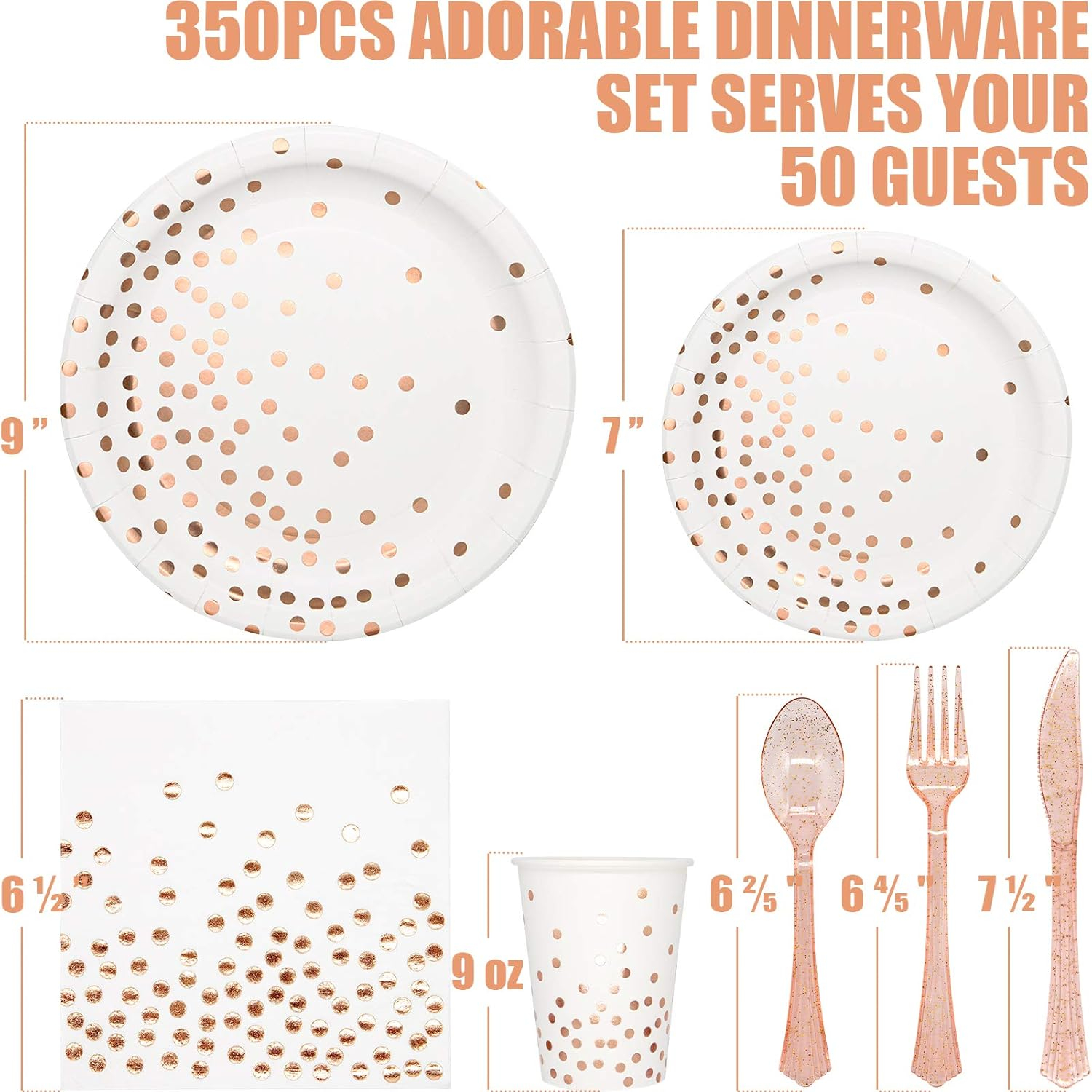 White & Rose Gold Party Supplies, 350PCS Disposable Dinnerware Set with Plates Napkins Cups Forks Knives Spoons for Girl Women Birthday Baby Bridal Shower Graduation Wedding Party Decoration
