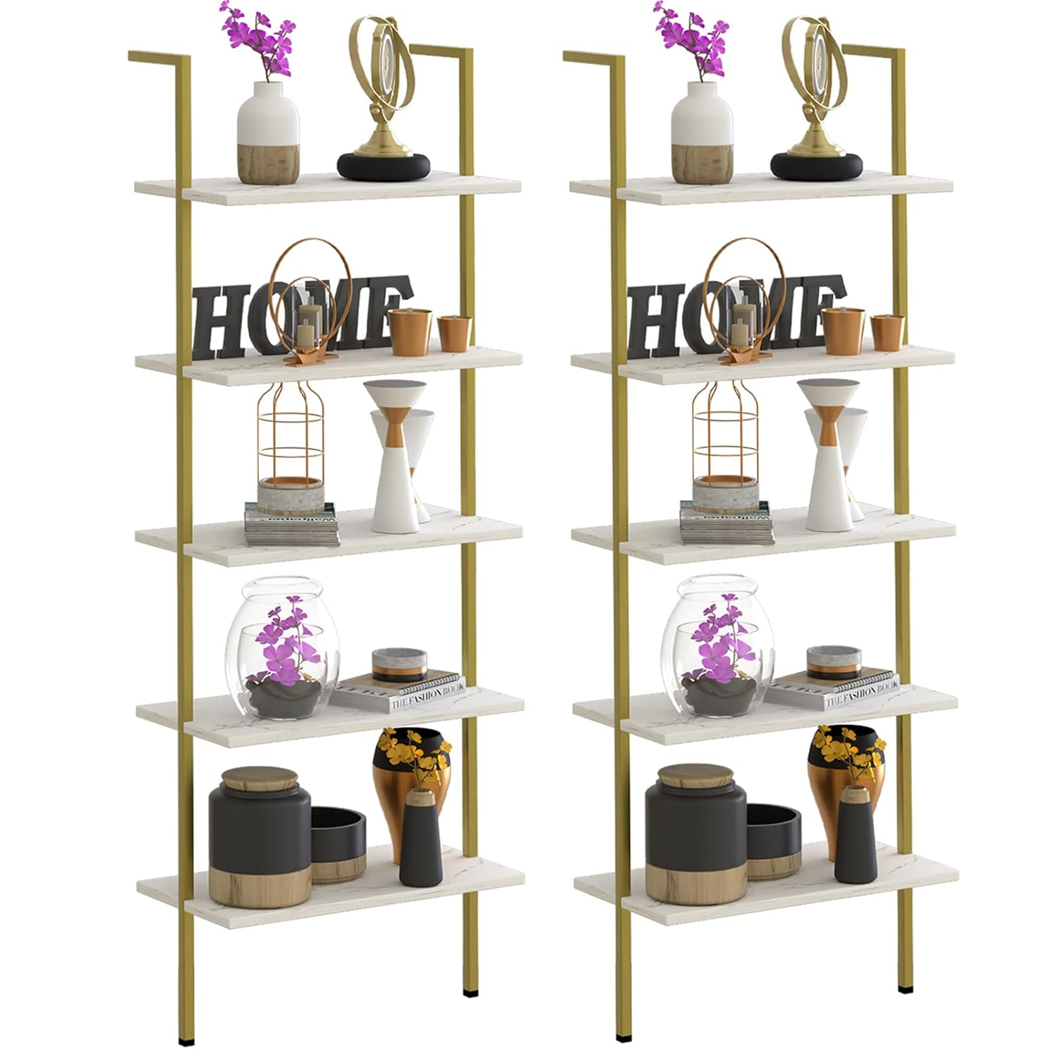 5 Tiers Ladder 2-Piece Shelf White Marble Modern Bookshelf Open Tall Wall Mount Bookcase Standing Leaning Wall Shelves Industrial Decorative