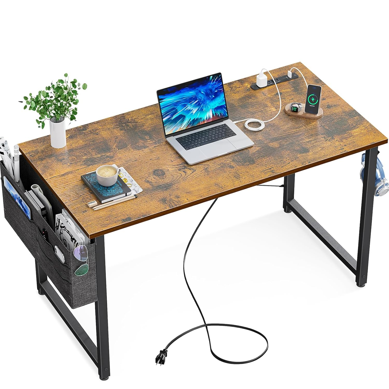 KKL Small Desk with Power Outlets and USB Port Computer Desk for Home Office Gaming Simple Modern Style Writing Desks with Storage Bag Headphone Hook, 40 inch, Rustic Brown