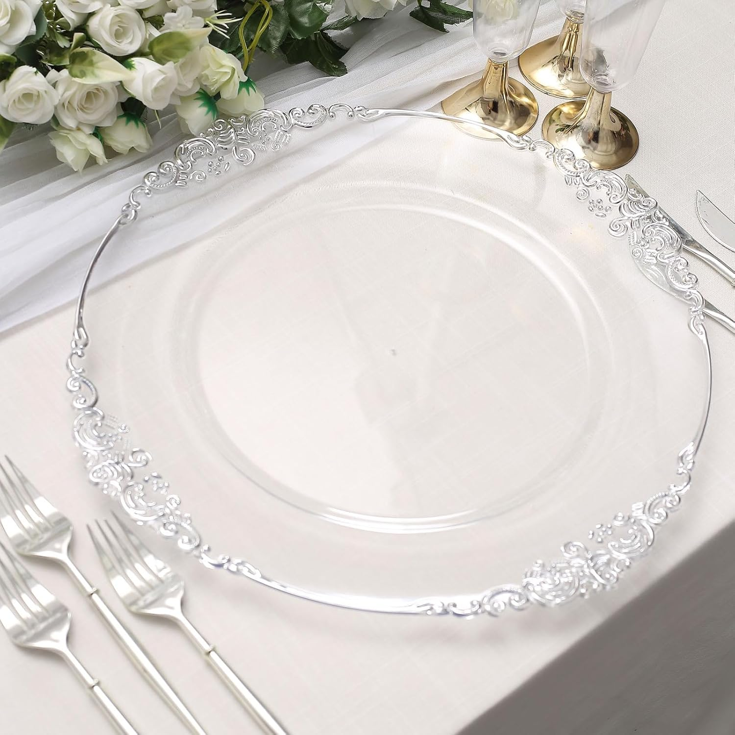Efavormart 6 Pack Clear Silver 13" Round Baroque Charger Plates Leaf Embossed Rim for Tabletop Decor Catering Event Decoration