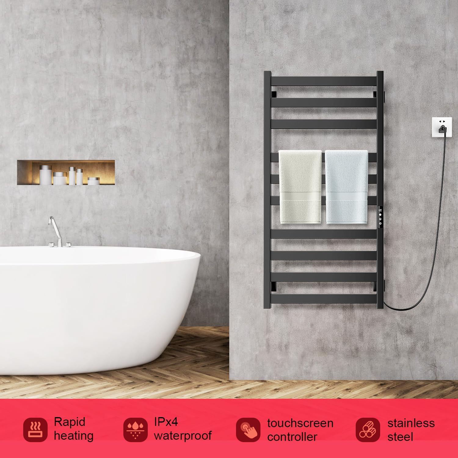Towel Warmer,Stainless Steel Towel Warmer Rack for Bathroom -10 Bars Wall Mounted Towel Heater with Intelligent Touch Screen Timer, Hard Wired/Plug-in, Black