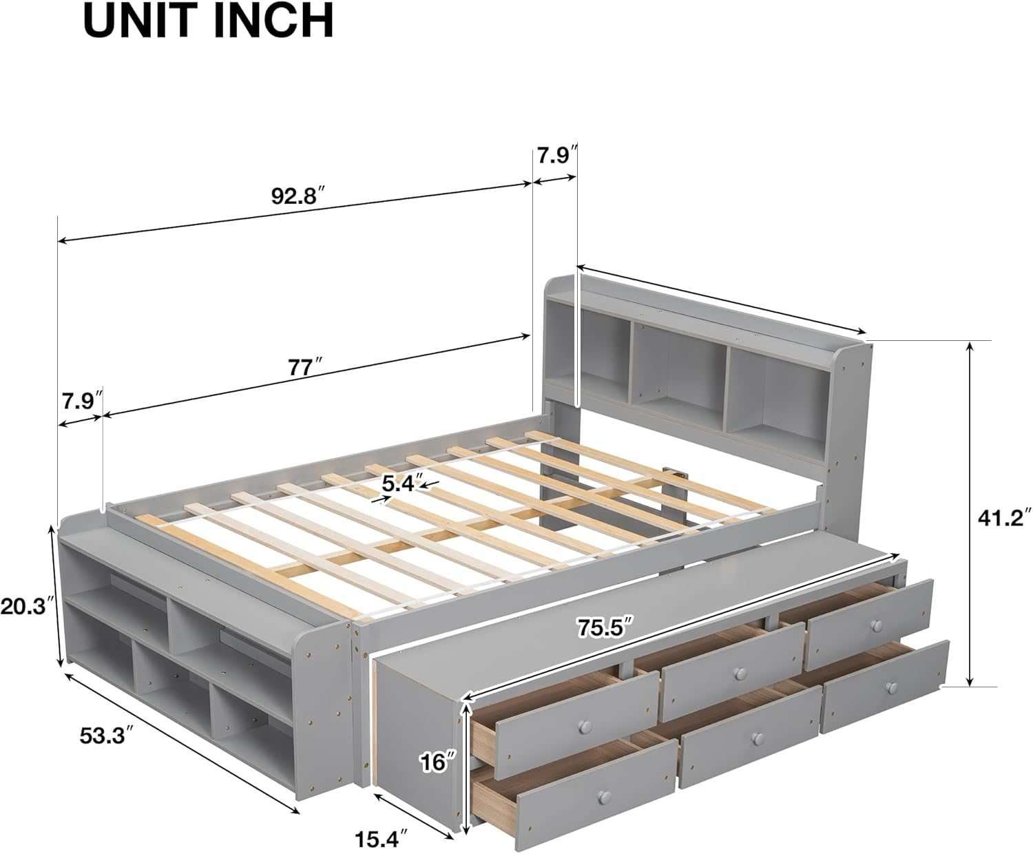 SOFTSEA Full Size Platform Bed with Drawers and Bed End Case, Wood Bed Frame with Storage Headboard, Platform Bed with Storage for Bedroom, No Box Spring Needed, Gray