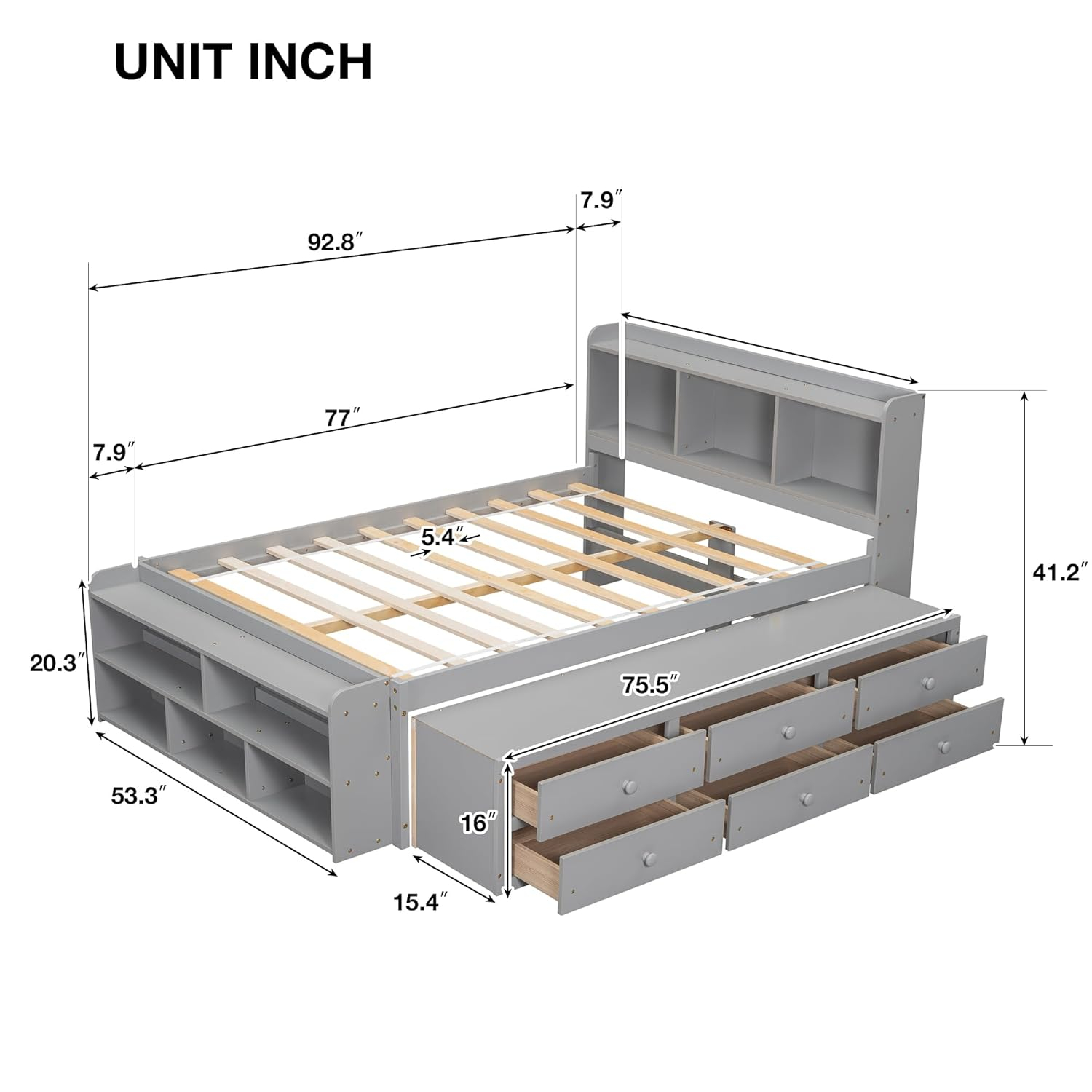 SOFTSEA Full Size Platform Bed with Drawers and Bed End Case, Wood Bed Frame with Storage Headboard, Platform Bed with Storage for Bedroom, No Box Spring Needed, Gray