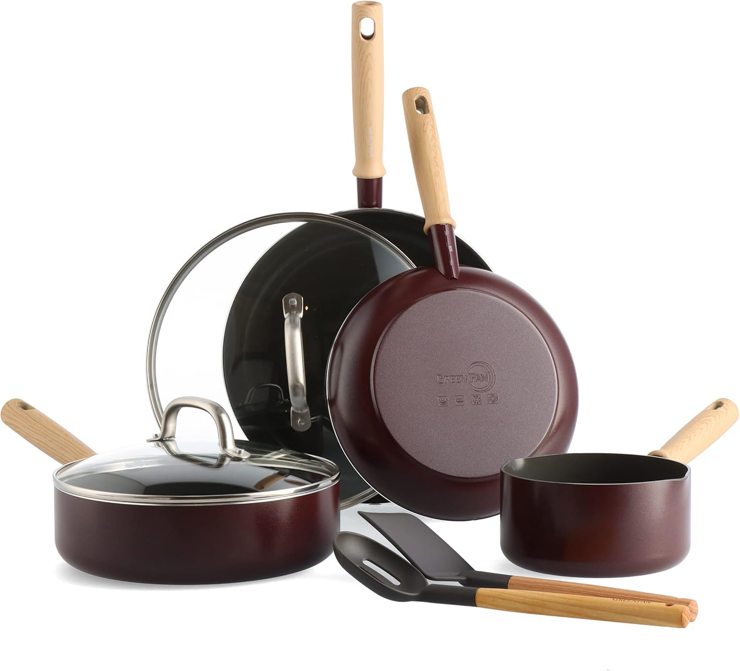 GreenPan Hudson Healthy Ceramic Nonstick, 8 Piece Cookware Pots and Pans Set, Vintage Wood Inspired Handle, PFAS-Free, Dishwasher Safe, Merlot Red