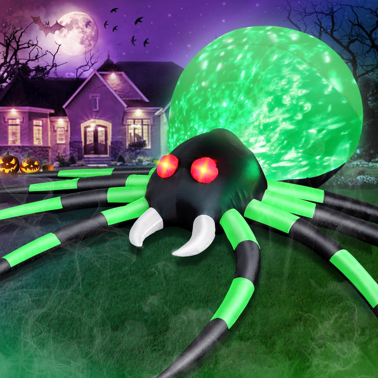 12FT Halloween Inflatables Spider Outdoor Decorations, Giant Blow Up Spider with Flame Lights & Red Glowing Eyes, Large Crawling Green Spider Props for Halloween Party Yard Garden Lawn Roof Decor