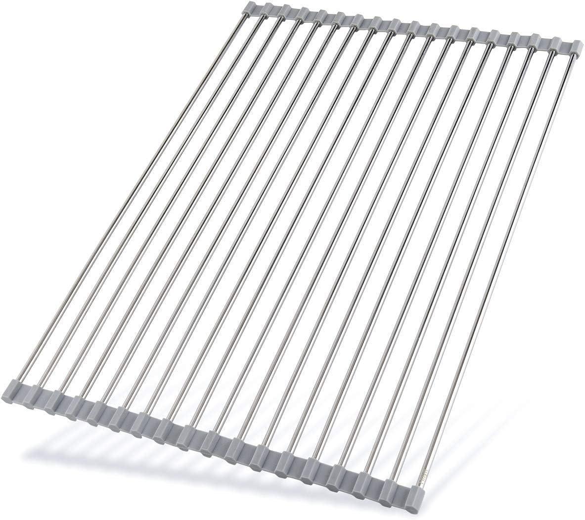 Roll Up Dish Drying Rack 20.5"(L) x 13.8"(W) - Stainless Steel and Silicone Dish Drying Mat Over The Sink Foldable Drain Rack Multipurpose Dish Drainer Extra Large, Gray
