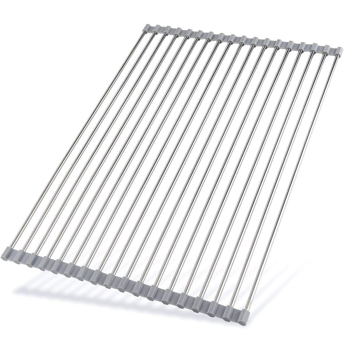 Roll Up Dish Drying Rack 20.5"(L) x 13.8"(W) - Stainless Steel and Silicone Dish Drying Mat Over The Sink Foldable Drain Rack Multipurpose Dish Drainer Extra Large, Gray