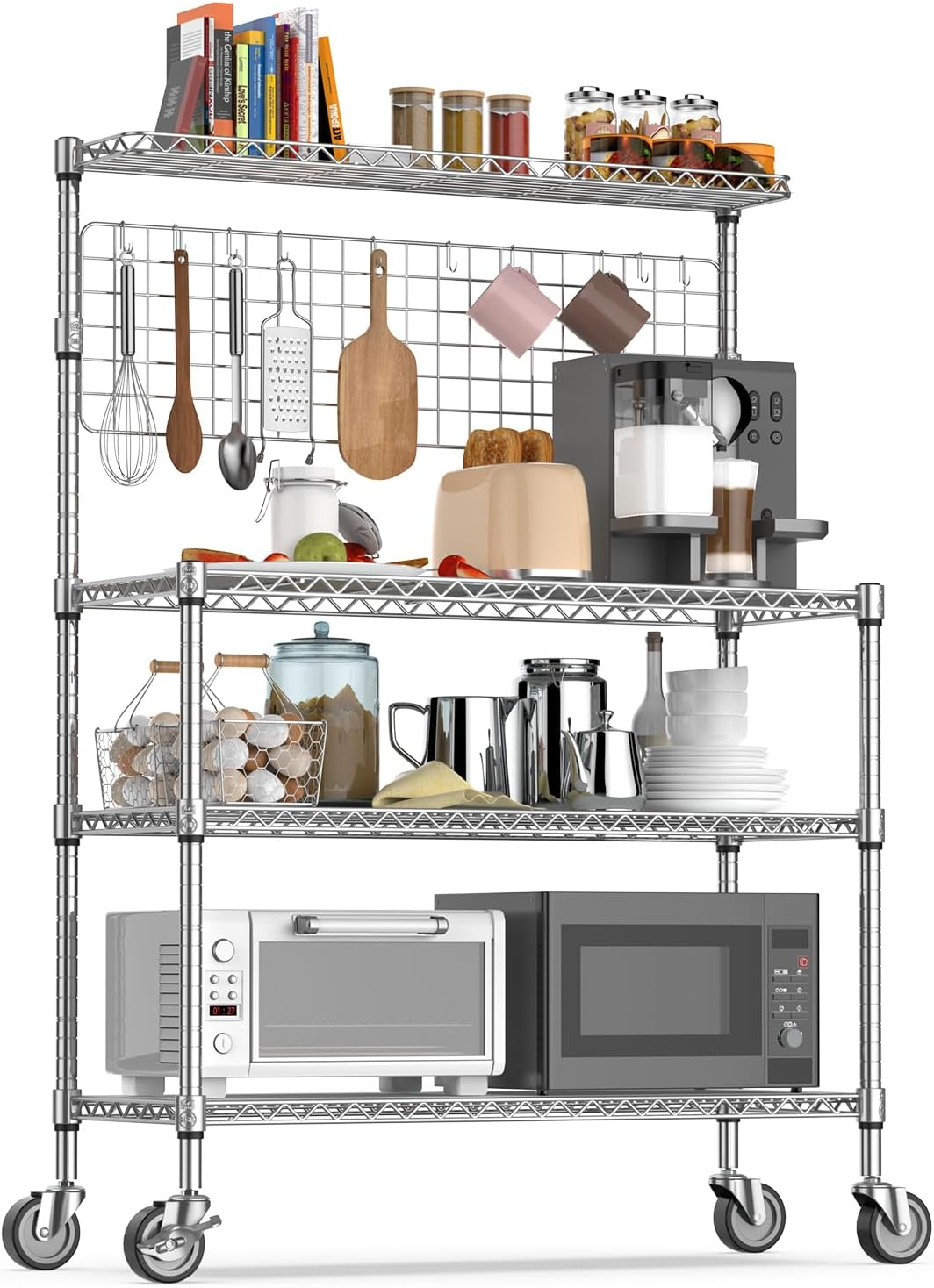 Leteuke Bakers Rack with Storage & Wheels, 42 Inch Microwave Stand Kitchen Shelves, 4-Tier Heavy Duty Storage Rack with 20 S-Hooks, Commercial Metal Utility Kitchen Cart, 42× 18× 63 Inch, Chrome