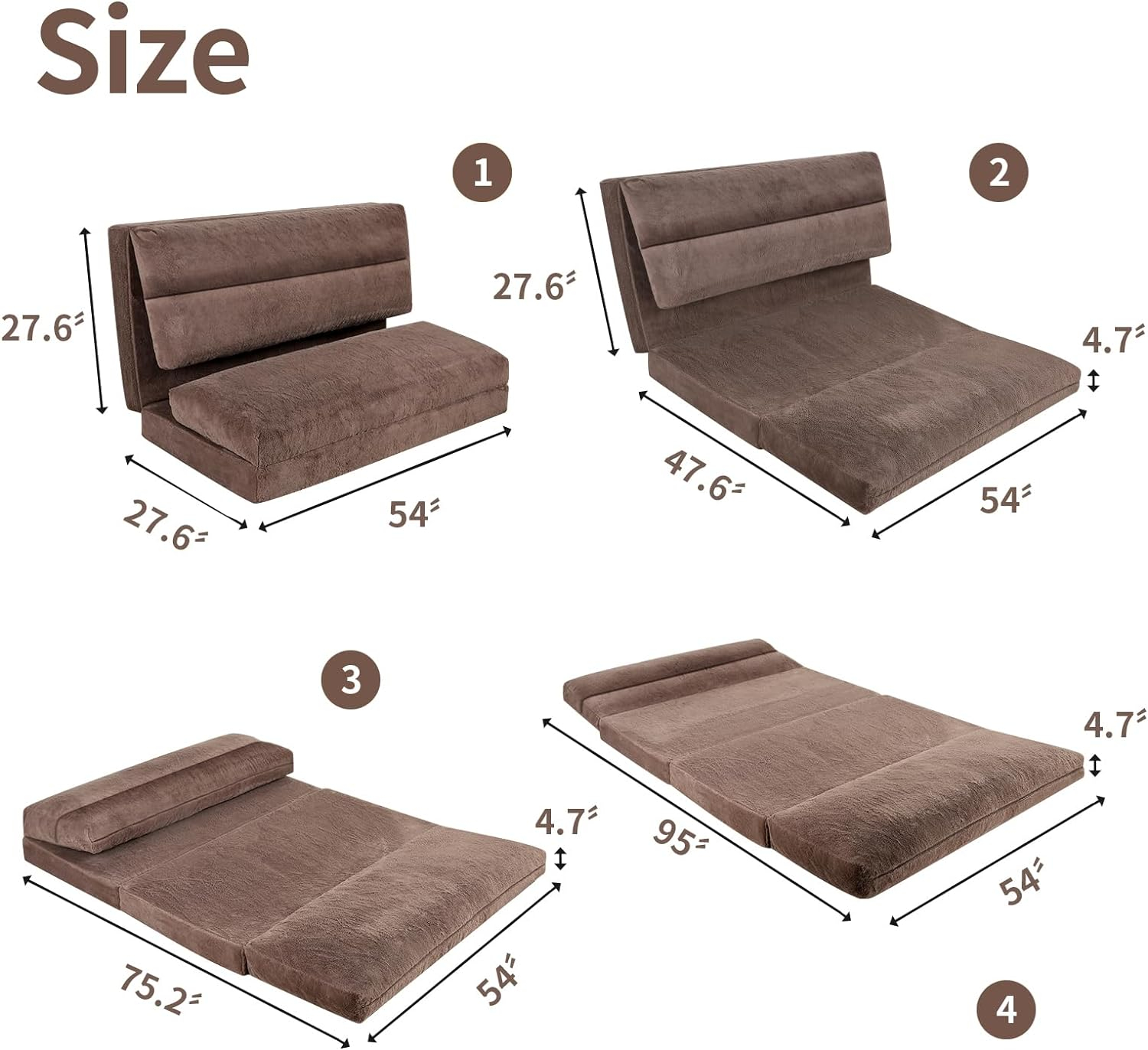 Bean Bag Bed for Adults, 54x95 Inch Floor Sofa Bed with Washable Soft Faux Fur Cover, Fluffy Soft Foldable Couch for Living Room, Bedroom, Guest Room (Brown)