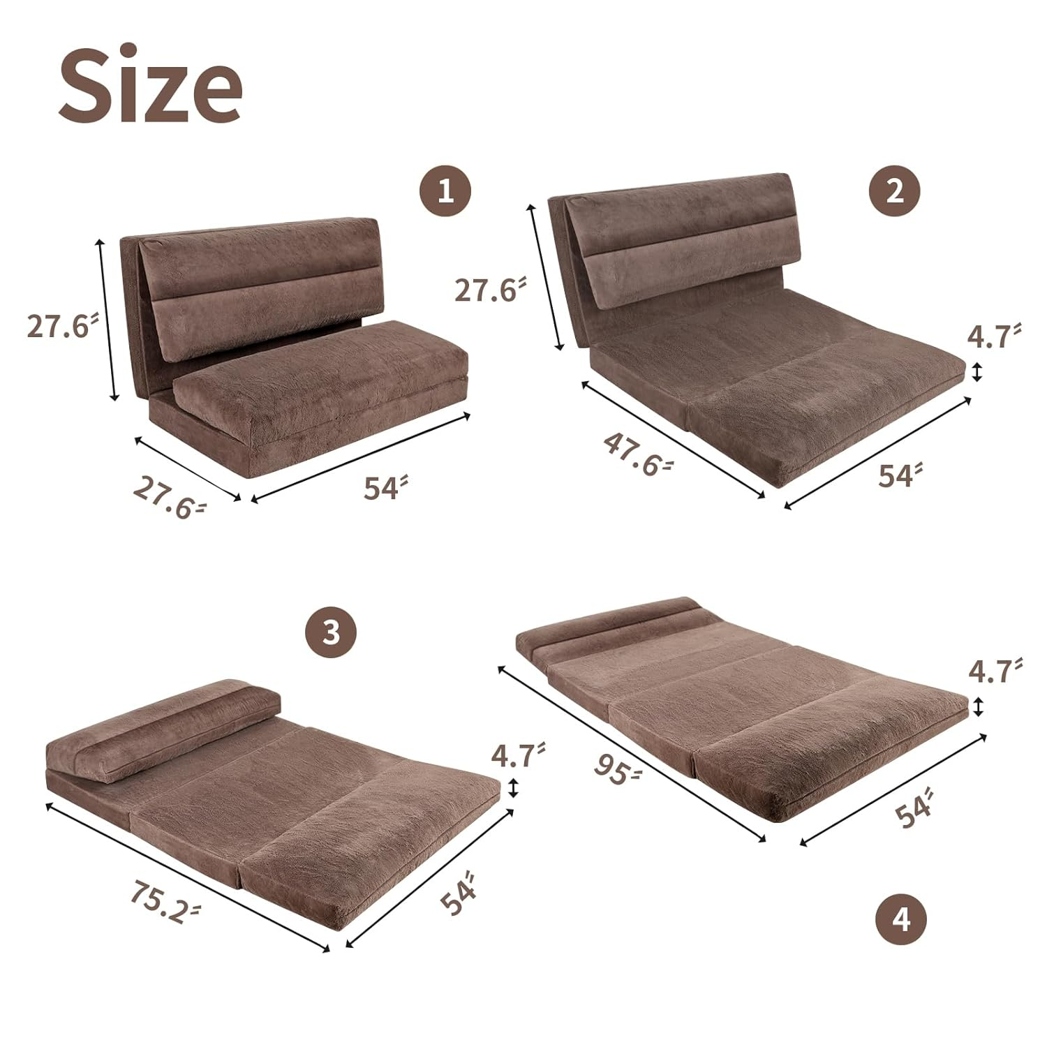Bean Bag Bed for Adults, 54x95 Inch Floor Sofa Bed with Washable Soft Faux Fur Cover, Fluffy Soft Foldable Couch for Living Room, Bedroom, Guest Room (Brown)