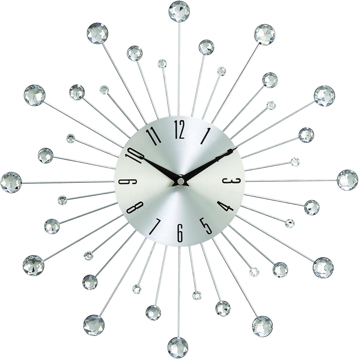 DecMode 15" Silver Metal Starburst Wall Clock with Crystal Accents