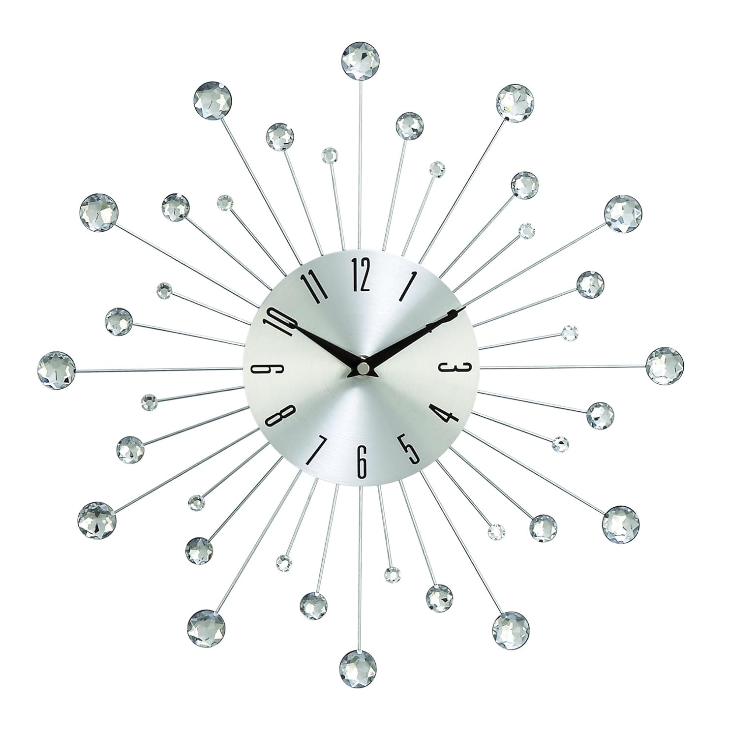DecMode 15" Silver Metal Starburst Wall Clock with Crystal Accents