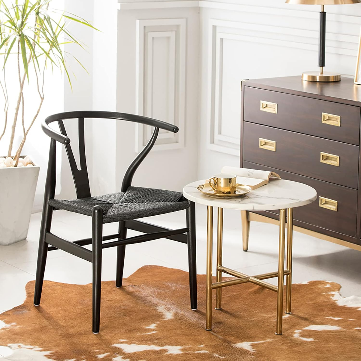 2xhome Set of 2 Wishbone Solid Wooden Dining Chairs with Woven Papercord Seats, Modern Farmhouse Y Back Elbow Side Chairs, Natural