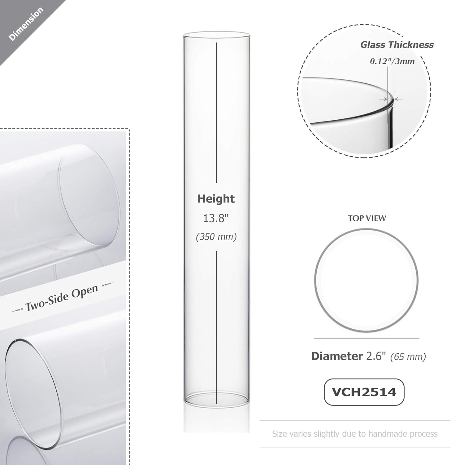 WGVI Hurricane Candle Holder Sleeve, Wide 2.5", Height 14", Clear Glass Cylinder Candleholder, Chimney Tube, Open Ended Candle Shade, 1 Piece
