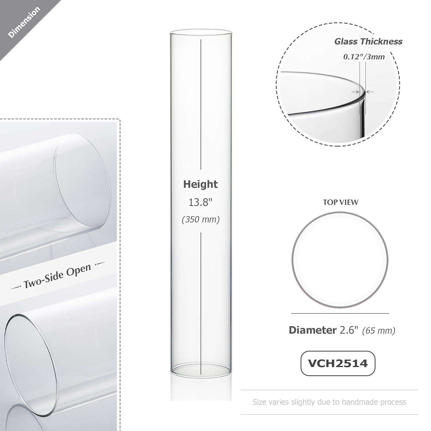 WGVI Hurricane Candle Holder Sleeve, Wide 2.5", Height 14", Clear Glass Cylinder Candleholder, Chimney Tube, Open Ended Candle Shade, 1 Piece