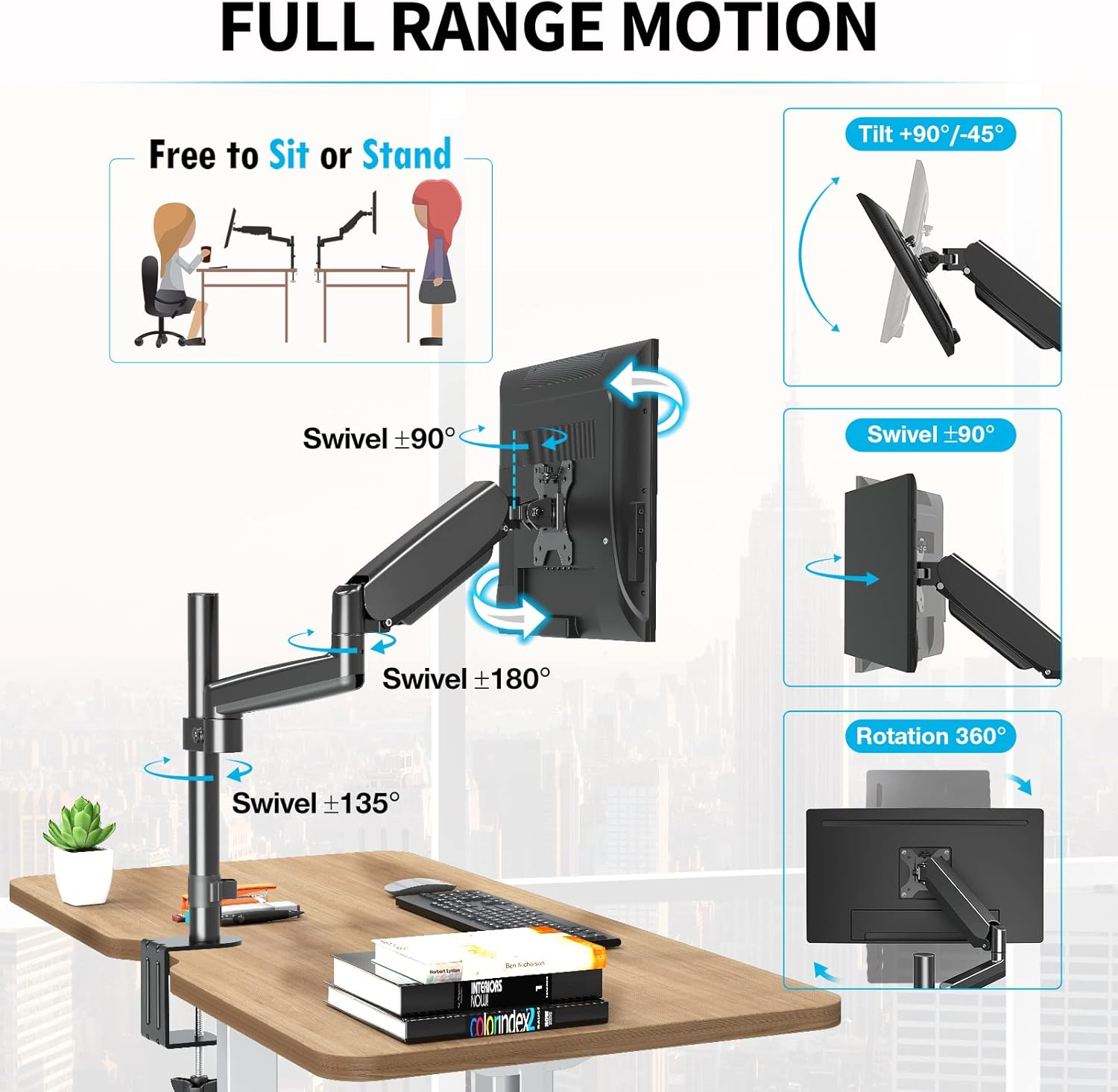 MOUNTUP Monitor Mount Desk Monitor Arm, Full Motion Gas Spring Single Computer Monitor Stand, Height Adjustable Monitor Desk Mount with C Clamp/Grommet Base, VESA Mount Fits 17 to 32 Inch LCD Screens