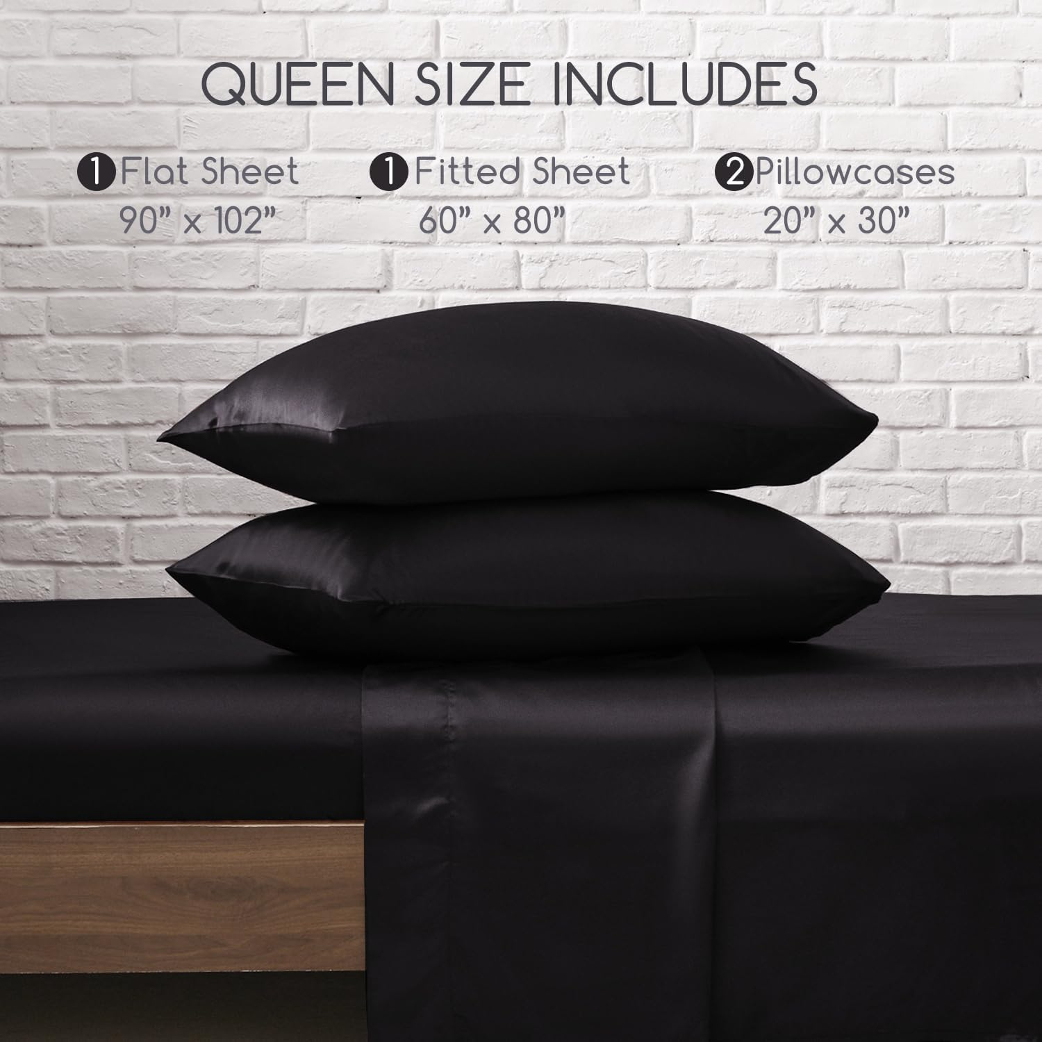 MR&HM Satin Sheet Set Queen 4 Pcs, Silky Elegant Luxurious Queen Size Bed Sheets, with Flat Sheet, Deep Pocket Fitted Sheet for Mattress and Matching Satin Pillow Cases (Queen Size, Black)
