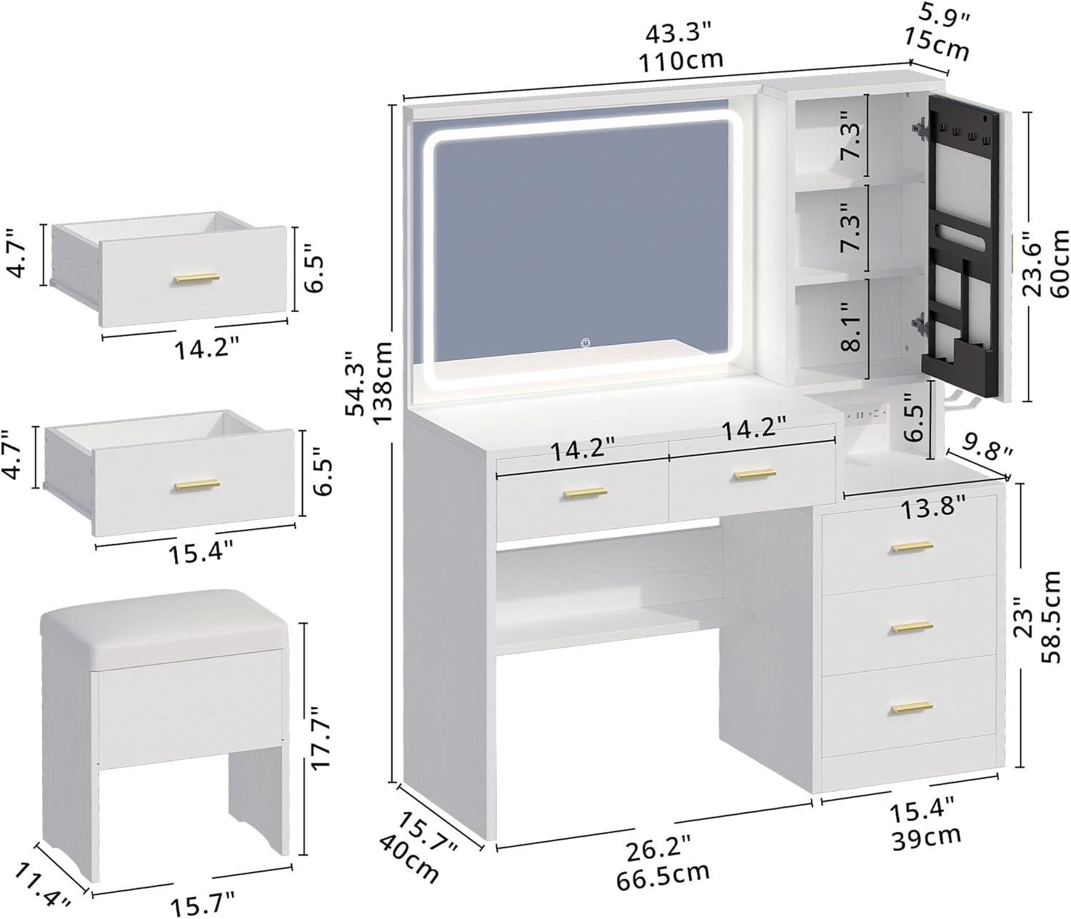 IRONCK Makeup Table Vanity Desk Set with Lighted Mirror, Charging Station, Storage Cabinet and 5 Drawers