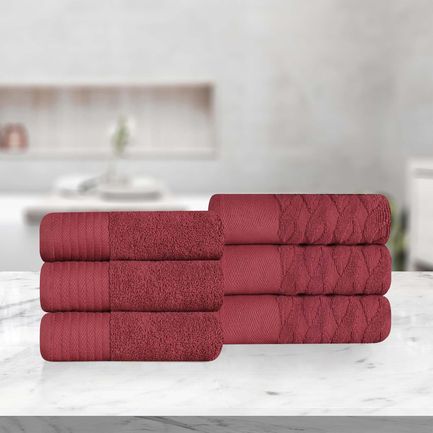 Superior Turkish Cotton Highly-absorbent 6-Piece Hand Towel Set for Bathroom, Spa, and Gym, Maroon