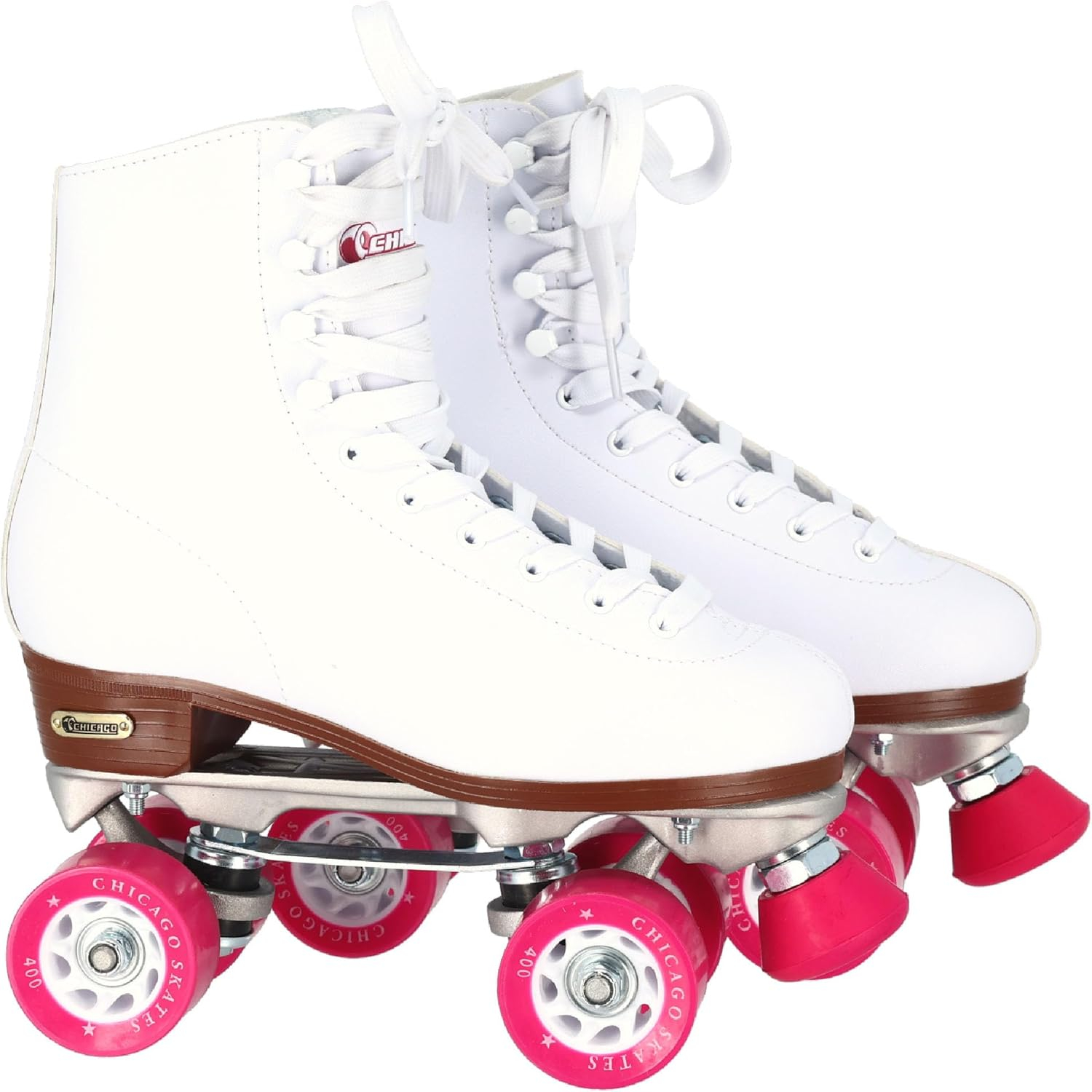 White Leather Quad Roller Skates with Pink Polyurethane Wheels