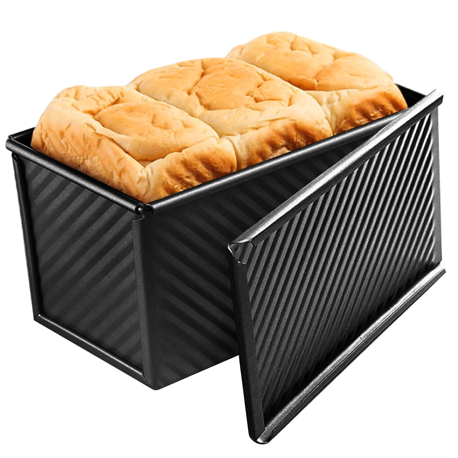 Black Pullman Loaf Pan with Lid, 1 lb Dough Capacity, Nonstick Bread Toast Mold with Cover, Carbon Steel Corrugated Bread Mould Bakeware