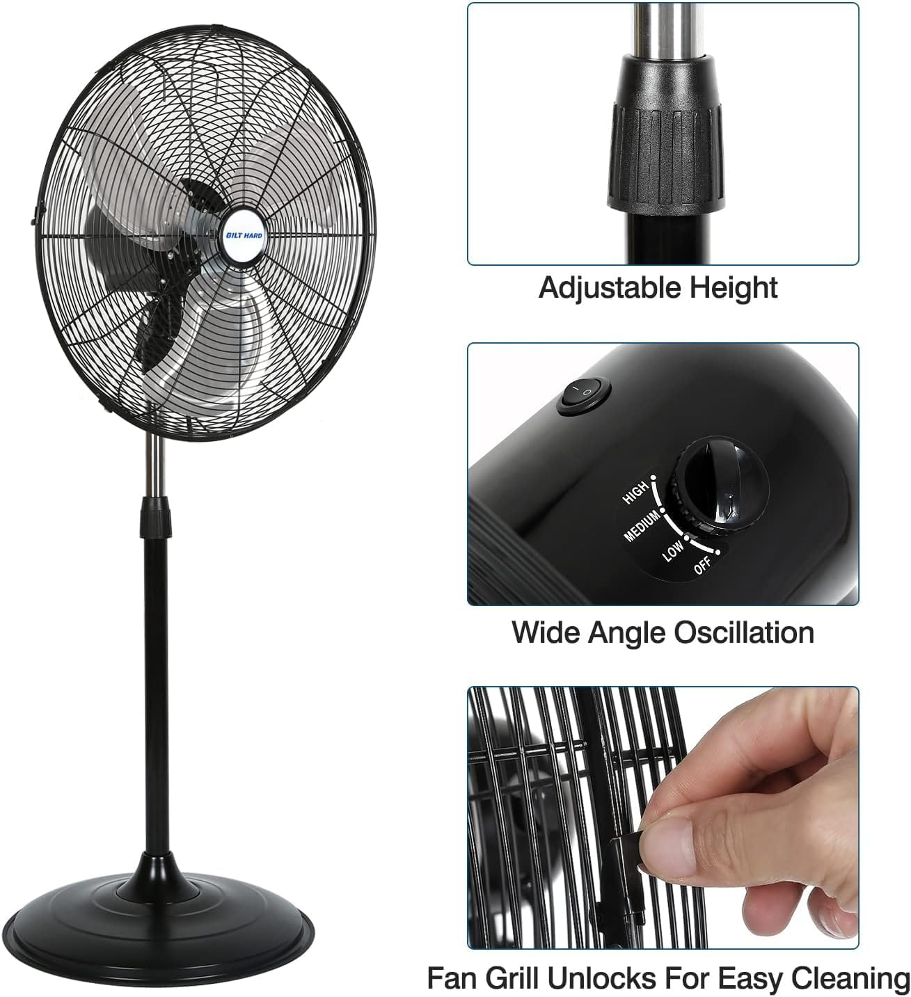 BILT HARD 5200 CFM 20" High Velocity Pedestal Fan, 3-Speed Industrial Oscillating Stand Fan with Aluminum Blades, Heavy Duty Standing Shop Fan for Commercial, Residential, and Garage