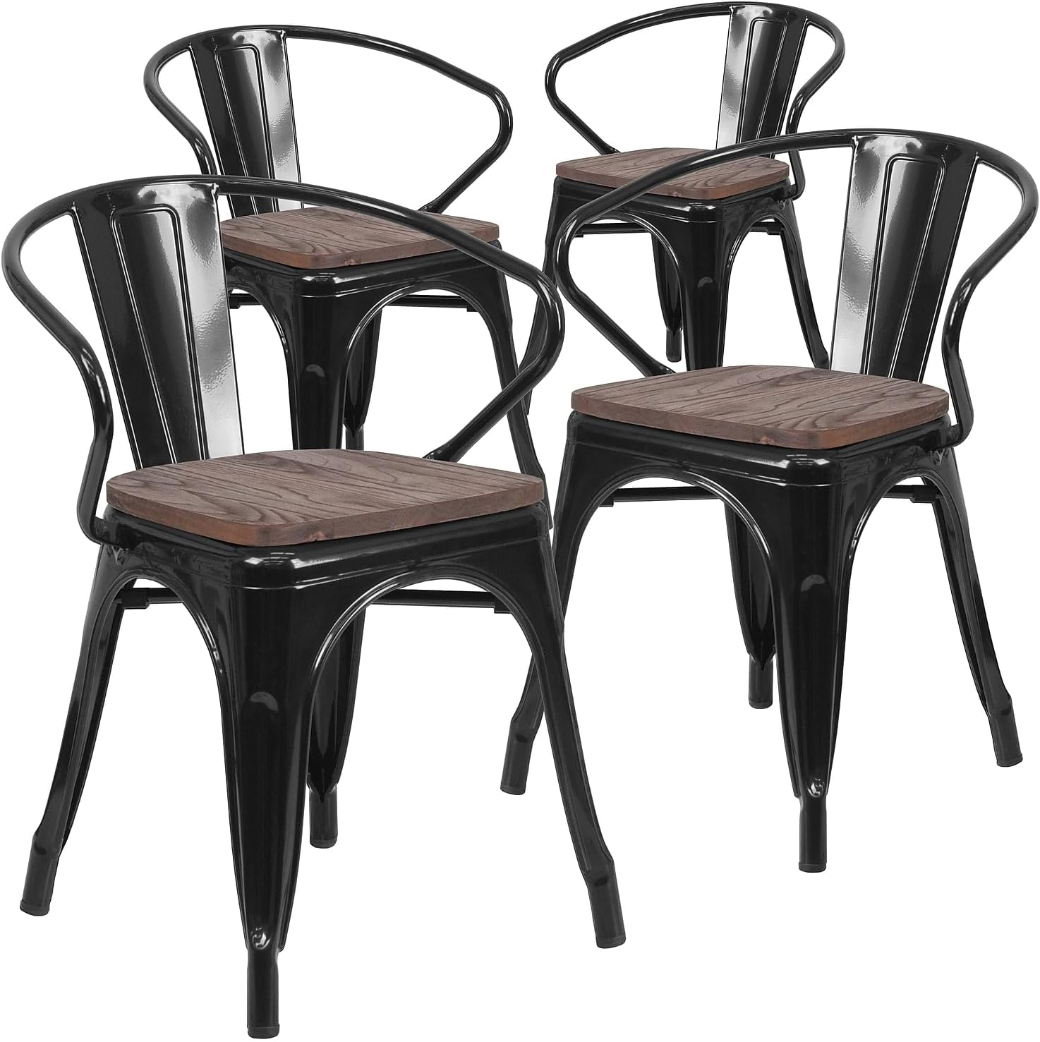 Flash Furniture 4 Pk. Black Metal Chair with Wood Seat and Arms