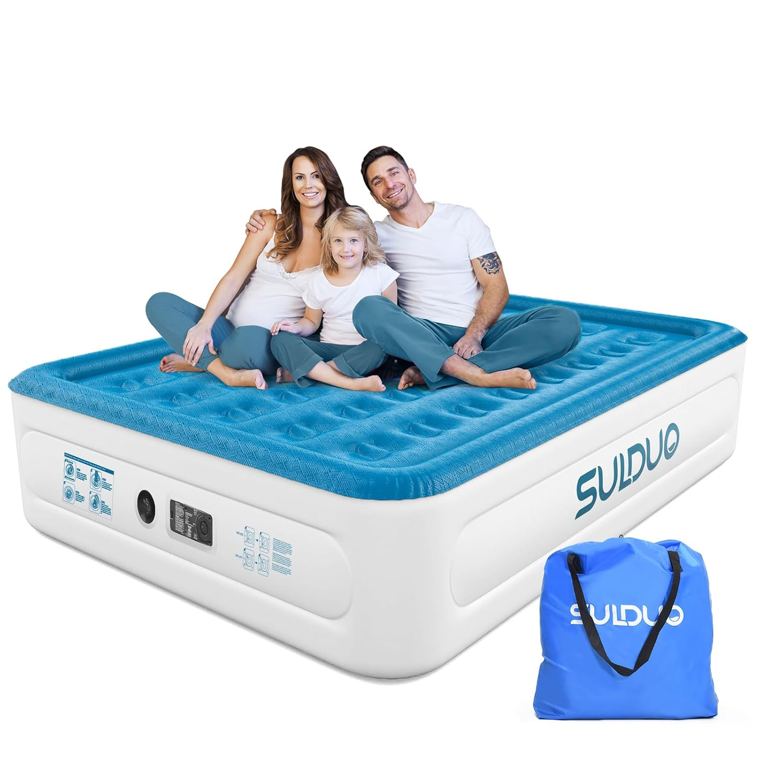 Luxury Air Mattress Queen with Built in Pump, 18'' High Double Blow Up Mattress, Self Inflating Air Bed with Flocked Top and Carry Bag, Durable Portable Airbed for Home Guest and Camping, Blue