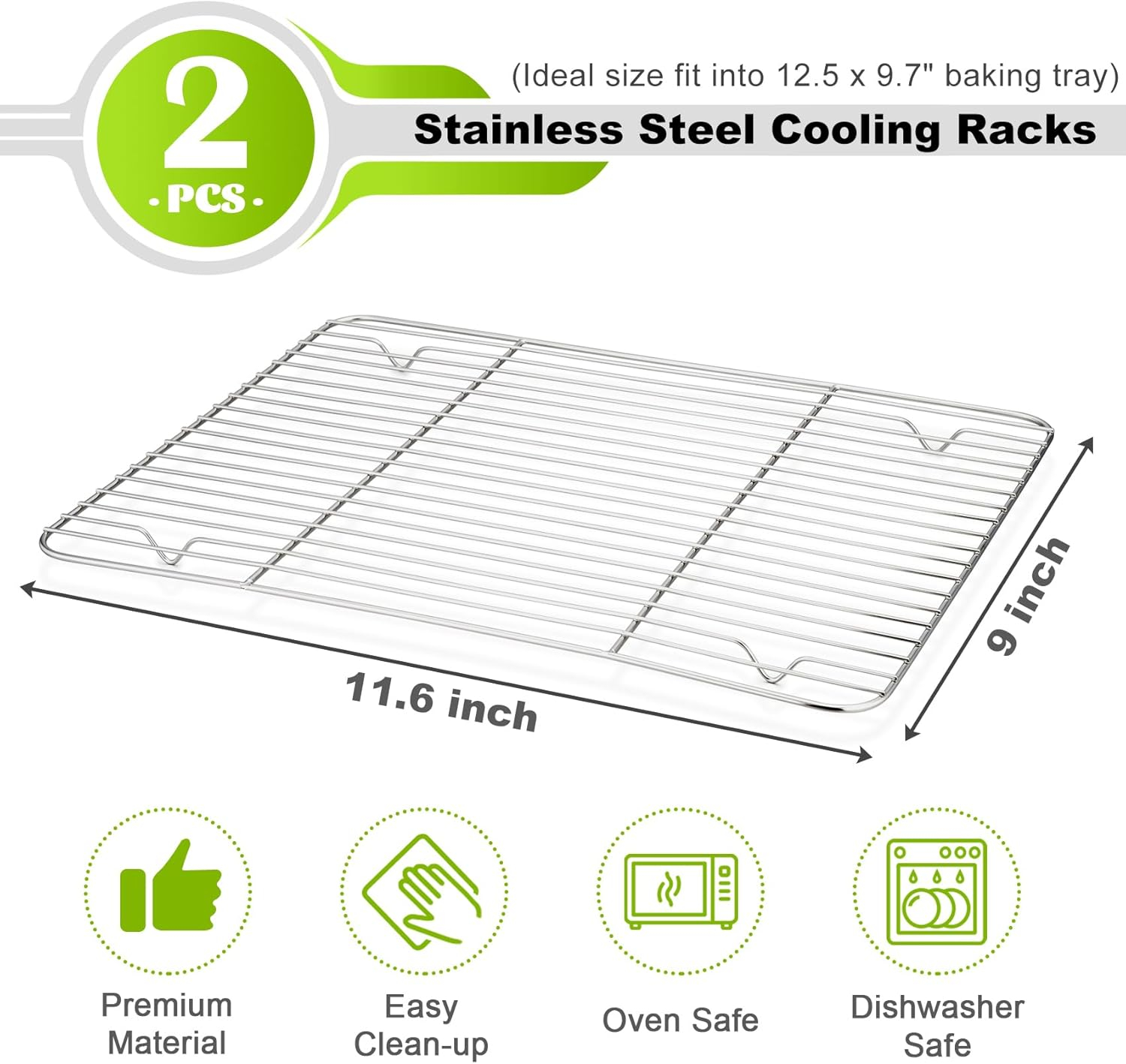 Cooling Rack Pack of 2, Stainless Steel Small Cooking Rack for Cooling Baking Roasting Grilling Drying, Rectangle 11.8'' x 9'' x 0.6'', Fits Small Toaster Oven, Oven & Dishwasher Safe