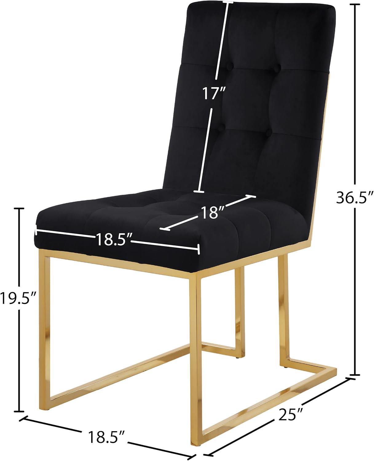 Meridian Furniture Pierre Collection Modern | Contemporary Velvet Dining Chair with Luxurious Deep Tufting and Polished Gold Metal Frame, Set of 2, Black, 18.5" W x 25" D x 36.5" H