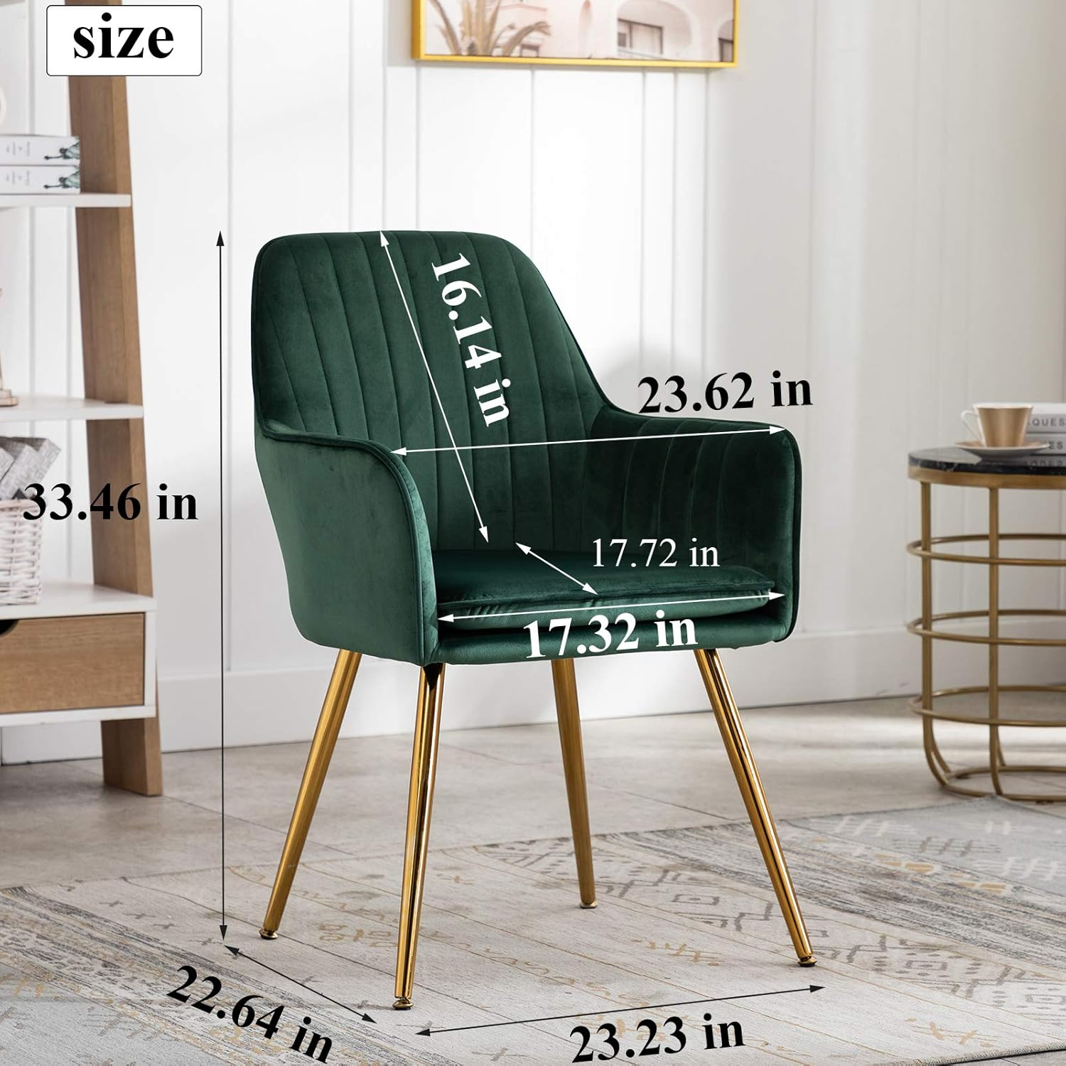 Artechworks Accent Living Dining Room Velvet Arm Chair Club Leisure Guest Lounge Bedroom Upholstered Chair with Gold Metal Legs, Green