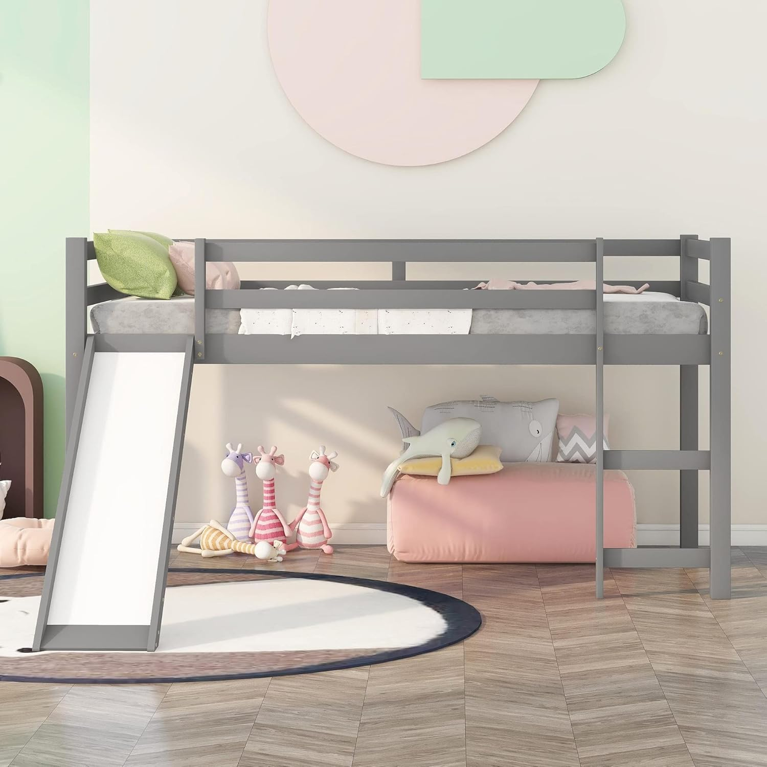 Harper & Bright Designs Kids Loft Bed with Slide,Twin Size Low Loft Beds for Girls Boys Solid Pine Wood Toddler Loft Bed with Ladder and Guard Rails,White