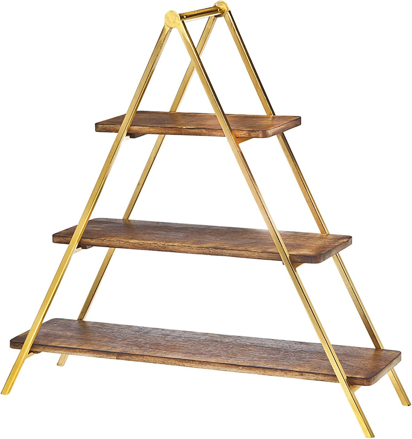 Triangular Gold Metal and Wood 3-Tier Serving Stand
