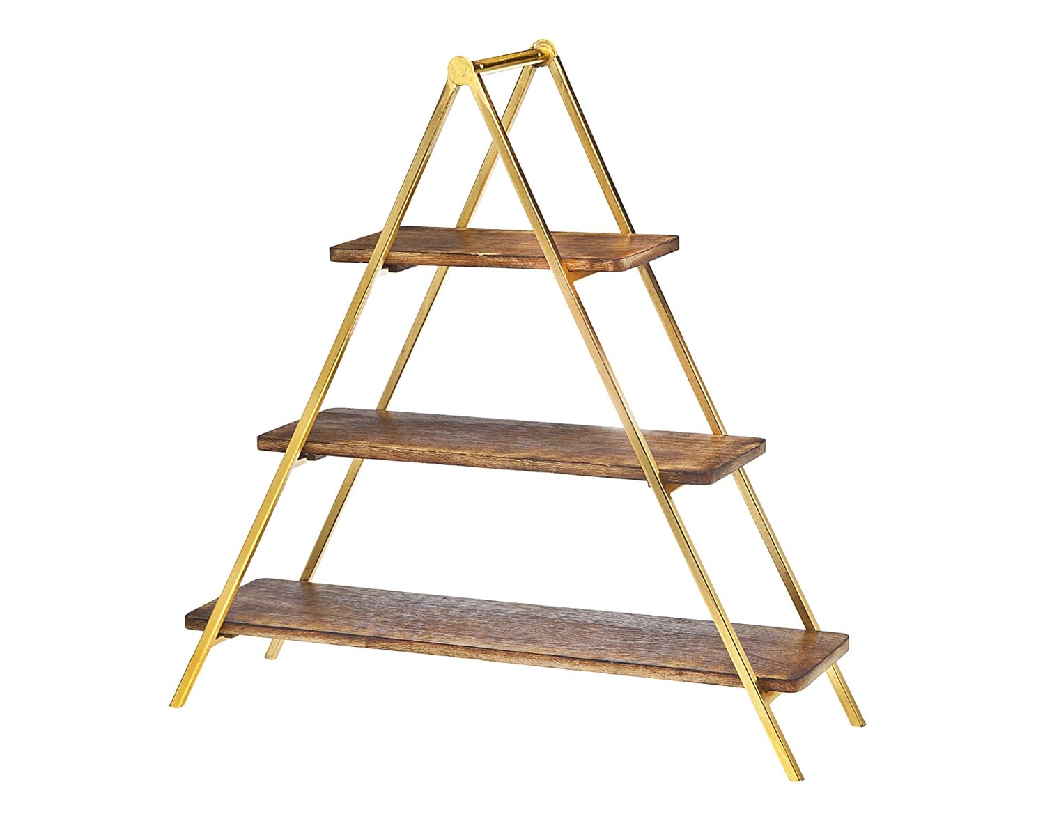 Triangular Gold Metal and Wood 3-Tier Serving Stand