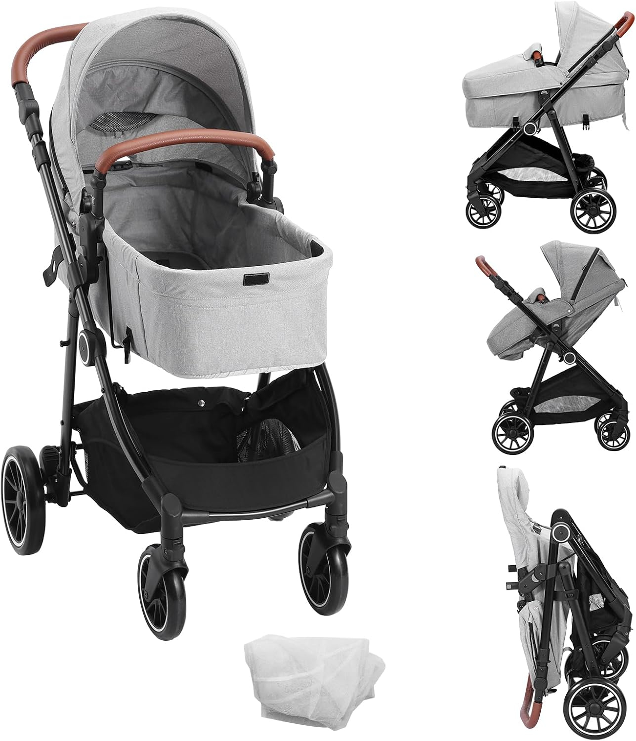 VEVOR Standard Baby Stroller, Infant Toddler Stroller with Bassinet, 3rd-Gear Adjustable Backrest & Foldable & Reversible Seat, Carbon Steel Newborn Stroller with Leg Cover and Mesh Net, Light Grey