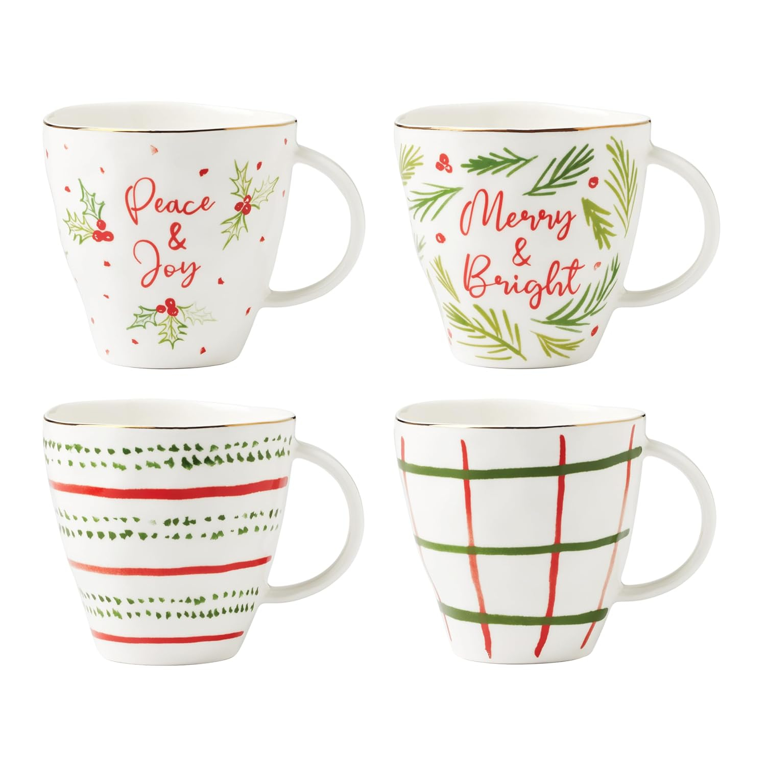 Ivory Ceramic Holiday Motif Mug Set, 12oz, Set of 4