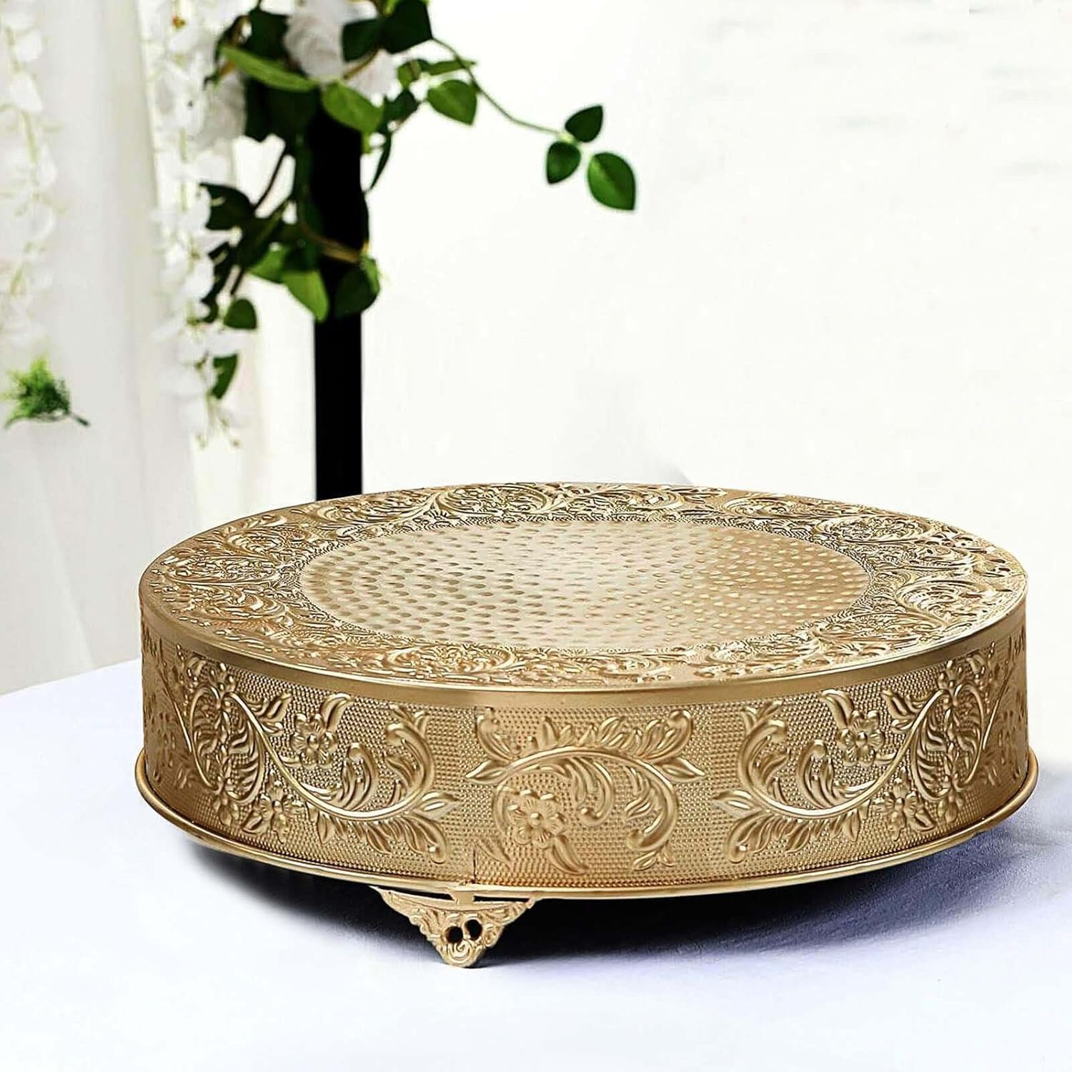 Efavormart 18 inch Gold Round Embossed Metal Cake Plateau Stand Riser Wedding Birthday Party Dessert Cake Pedestal Display Plate