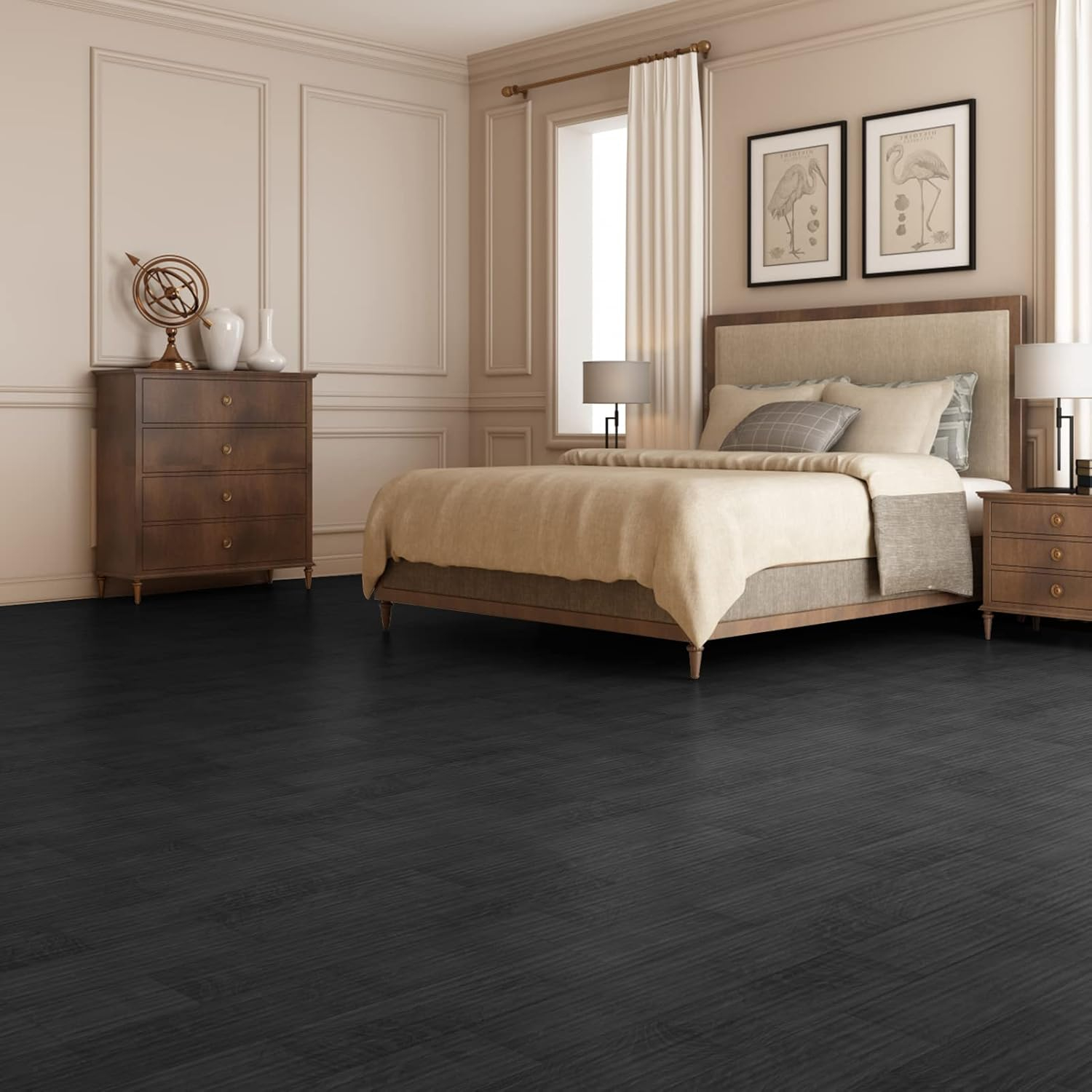 Yun-aeon Black Peel and Stick Floor Tiles 36-Pack 54 Sq Ft Black Stripe Self Adhesive Wood Grain Planks Removable Vinyl Flooring Art Deco for Bedroom Living Room
