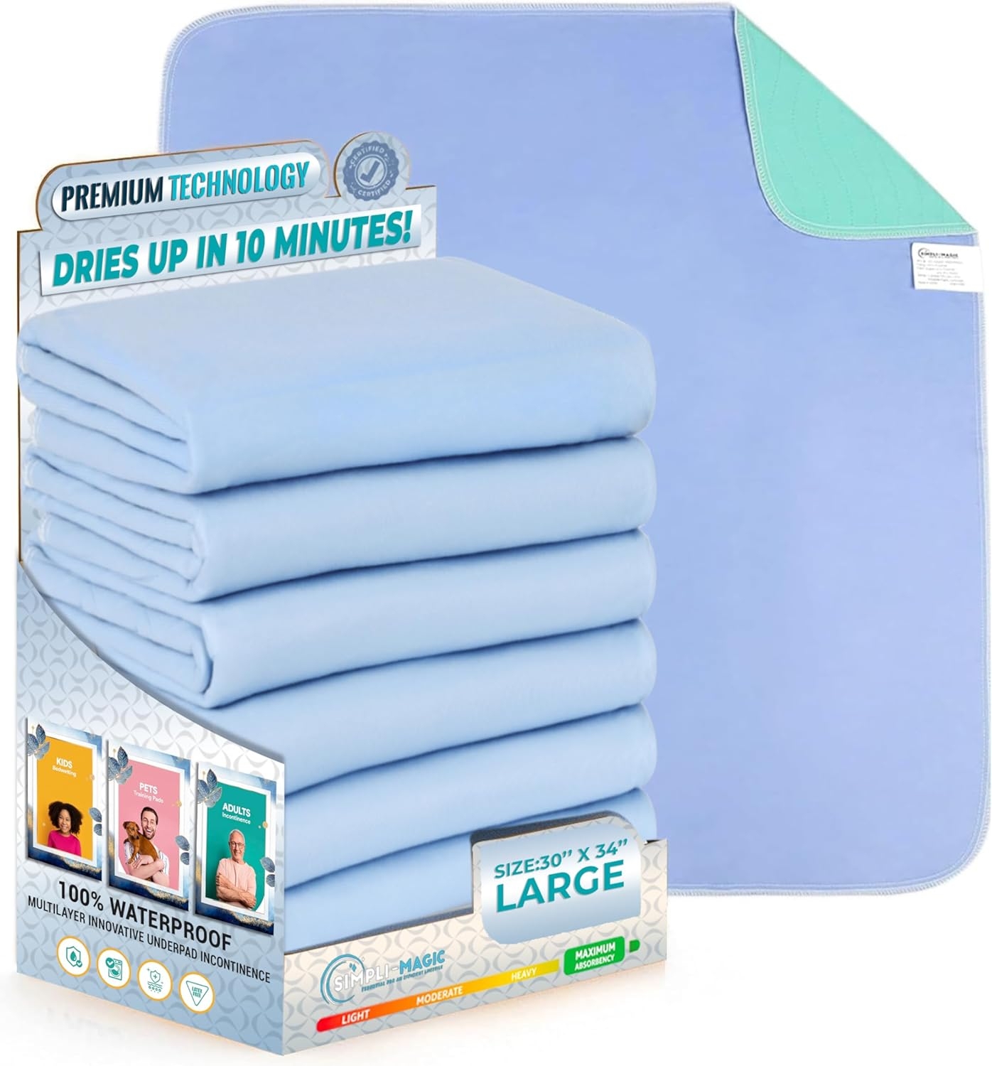 Simpli-Magic Washable Underpads Reusable Incontinence Pads, 30" x 34" 4-Pack