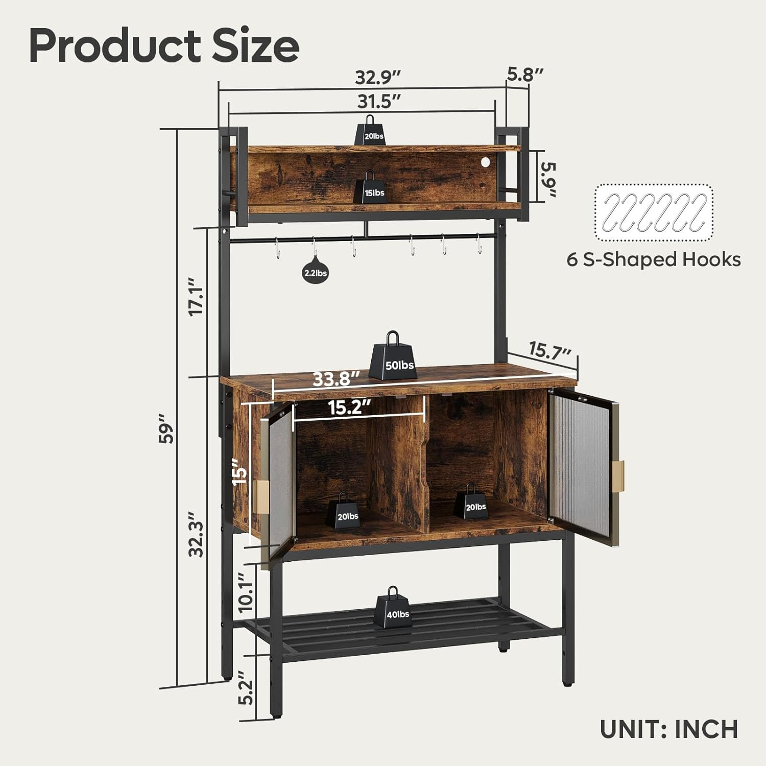 Bestier Coffee Bar with Storage, 5 Tier Microwave Stand with LED Lights, Kitchen Bakers Rack with Cabinet, Heavy Duty Storage Shelves for Kitchen Garage Pantry(Rustic Brown)