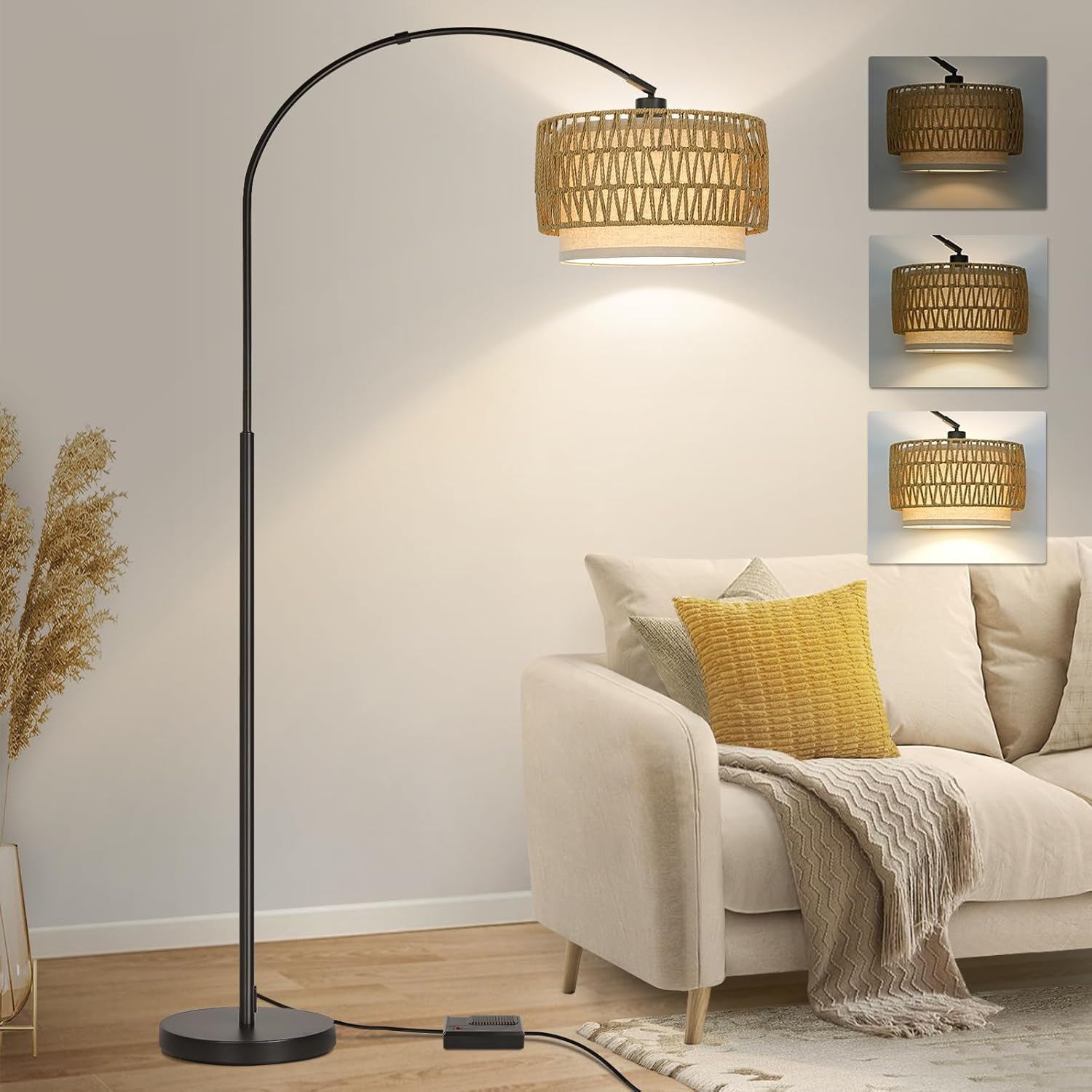 Rattan Floor Lamp, Dimmable Arc Floor Lamps for Living Room, Boho Farmhouse Standing Lamp with Adjustable Head, Tall Pole Lamp Reading Light for Bedroom, Over Couch, Office, 9W LED Bulb Included